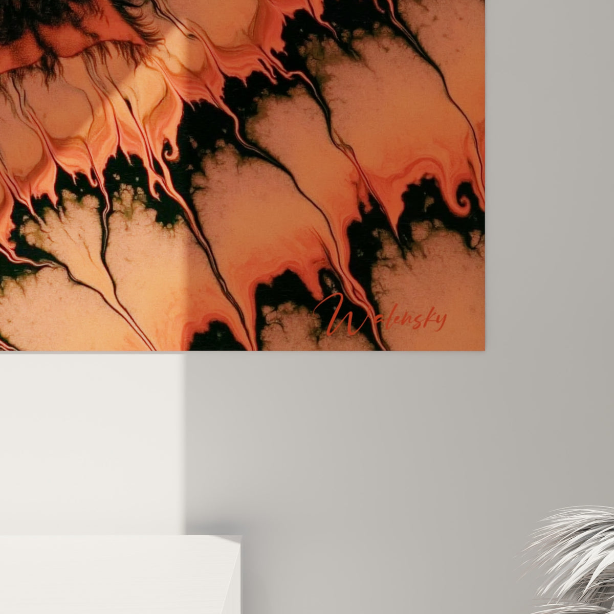 Empâtements noirs et orangés visibles sur la texture du buffle, reflets brillants sur la toile