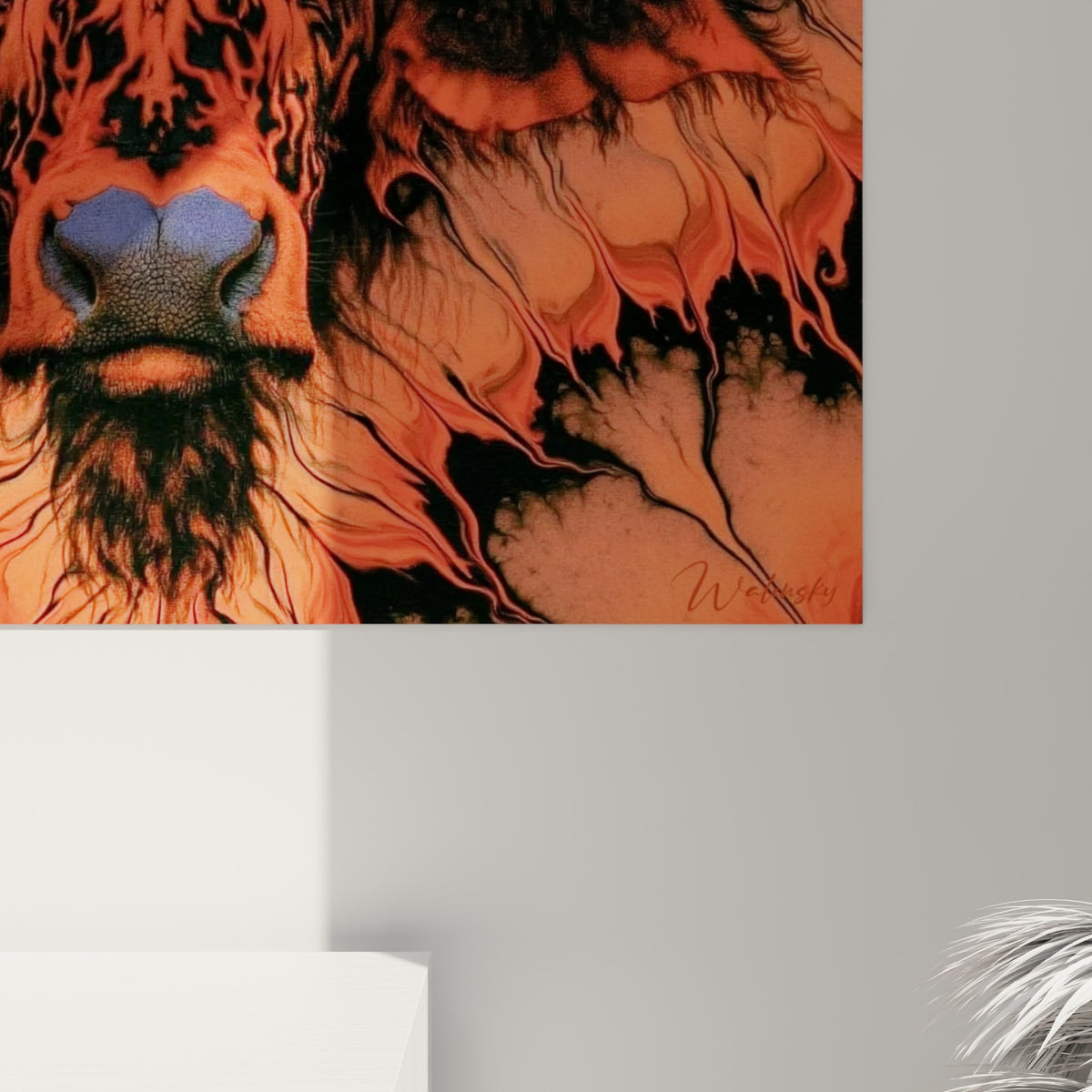Détail des motifs orange et noir entrelacés révélant la finesse des lignes et le grain de l'impression