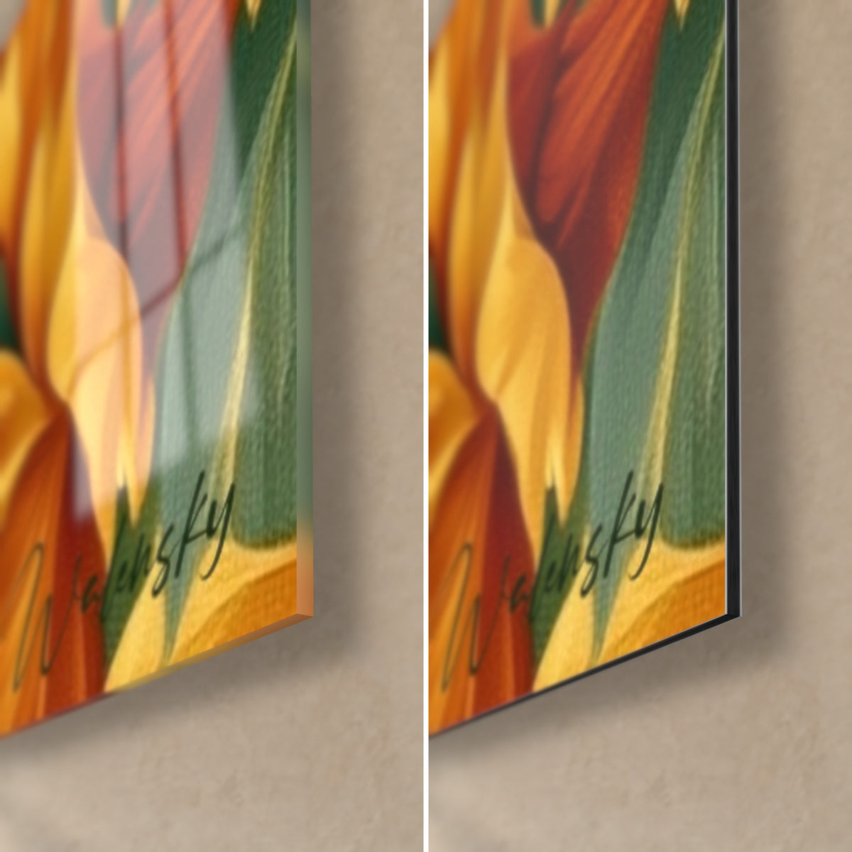 Schilderij plantaardige bizon in saffraan- en bosgroene bloemen, rechtsonder, glanzend glas met reflecties links, mat Dibond rechts, 3 mm rand