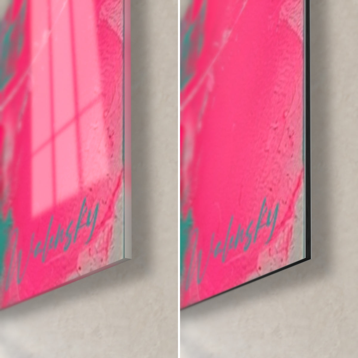 Schilderij wilde stier, rechteronderhoek in fuchsia en turquoise, glanzend glas links, mat Dibond rechts, rand van 3 mm