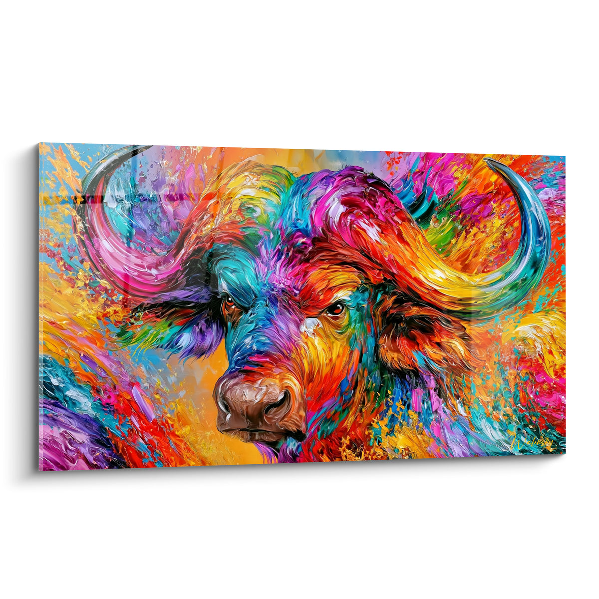 Buffle multicolore aux cornes turquoise et crinière fuchsia, peinture au couteau expressive