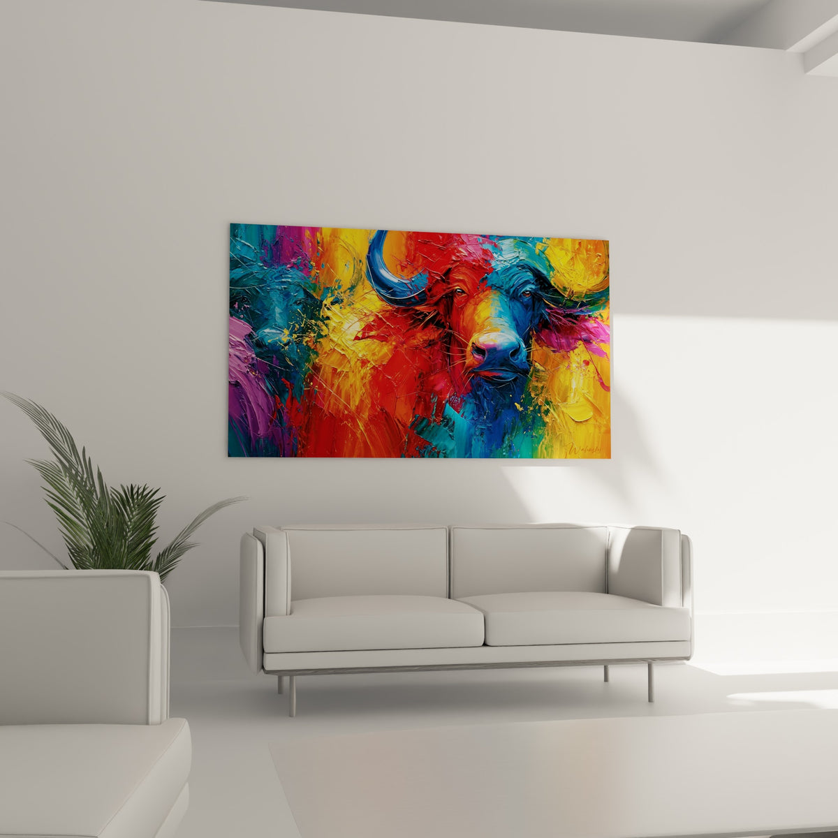 Regard intense du buffle turquoise et doré au-dessus d'un canapé dans un salon lumineux