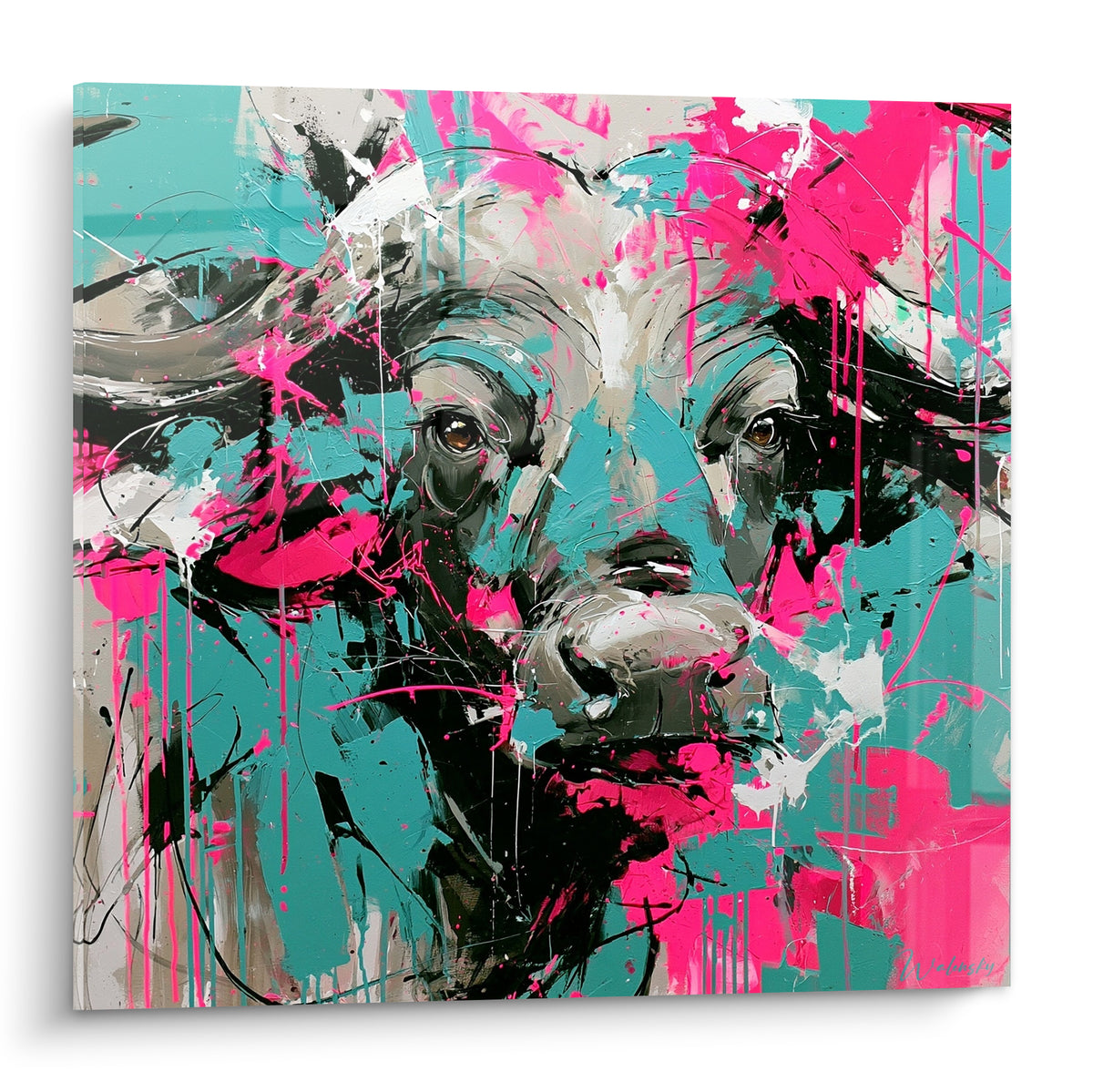 Buffle au regard intense, pelage turquoise éclaboussé de rose fuchsia et traits noirs expressifs