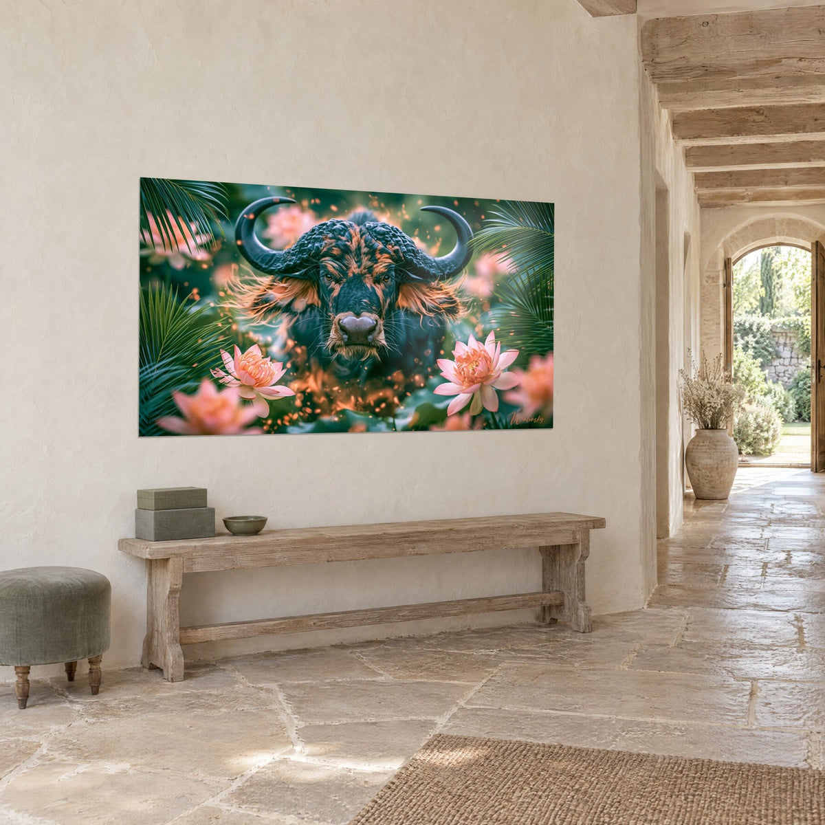 Tableau gardien de la jungle à la crinière cuivrée, fleurs de lotus roses et feuillage émeraude, sur un mur de pierre claire