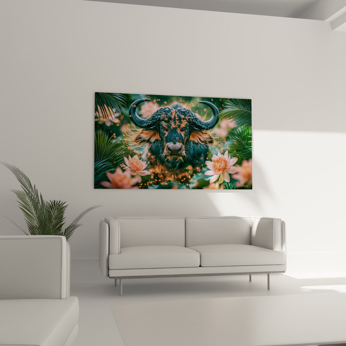 Cornes sombres et lotus roses du buffle sauvage au-dessus d'un canapé dans un salon lumineux