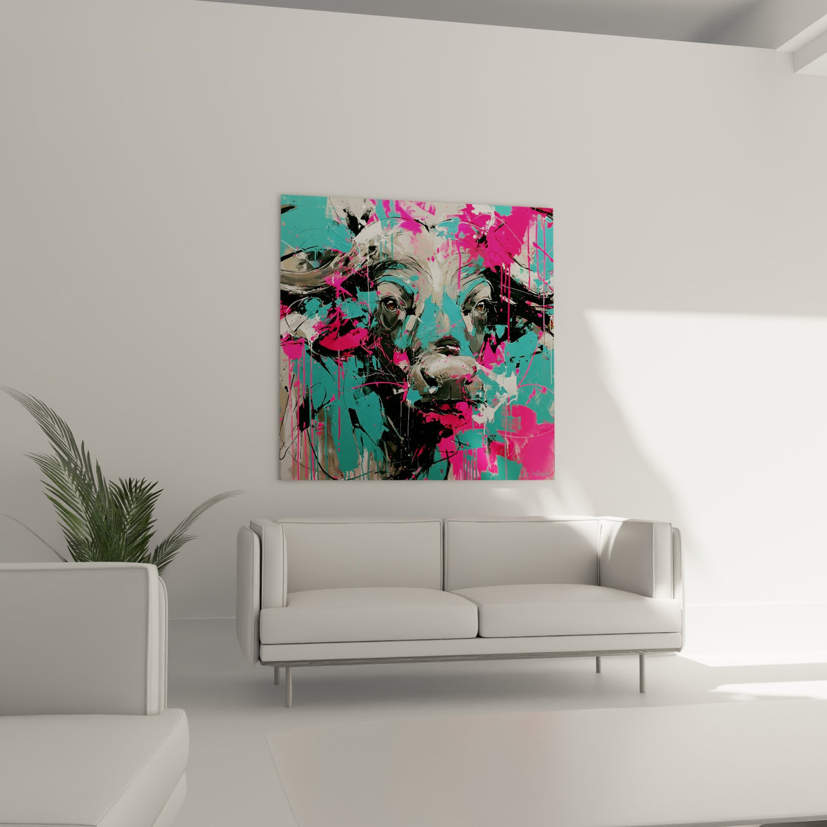 Yeux bruns perçants du buffle entourés de coulures roses et turquoise, au-dessus d'un canapé dans un salon lumineux