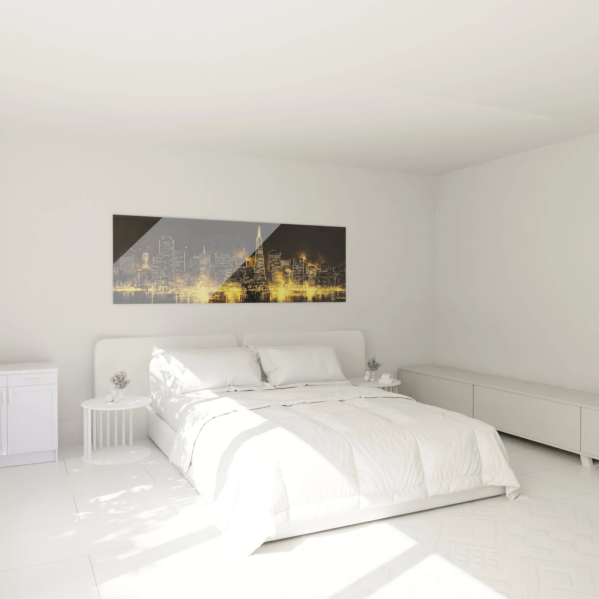 Tableau New York Walensky avec paysage urbain doré accroché au-dessus d'un lit dans une chambre moderne blanche