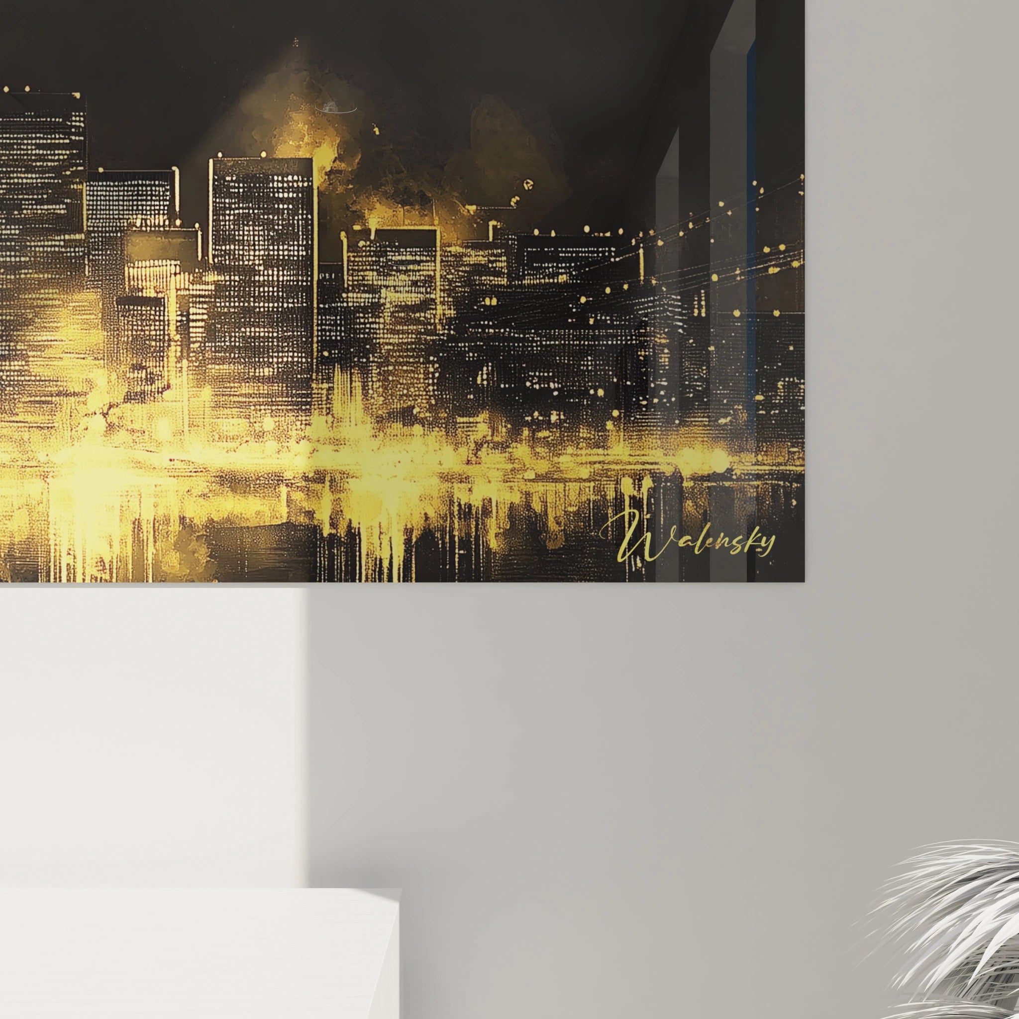 Tableau New York Walensky représentant une ville lumineuse en nuances dorées et noires