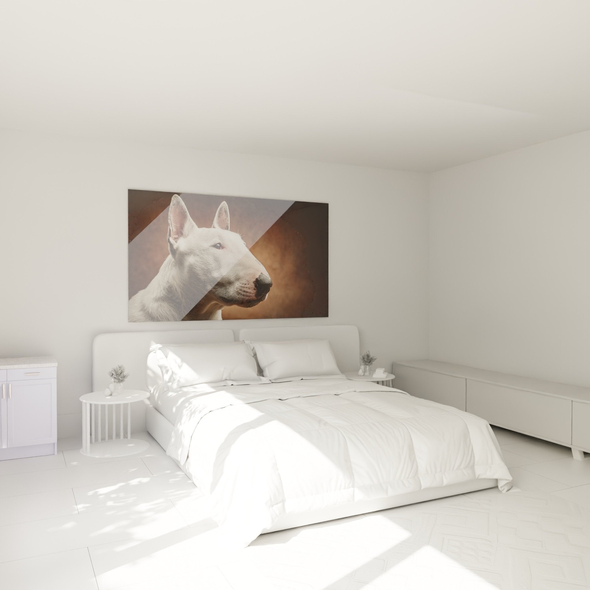 Tableau bull terrier blanc accroche chambre decoration murale portrait chien elegant moderne