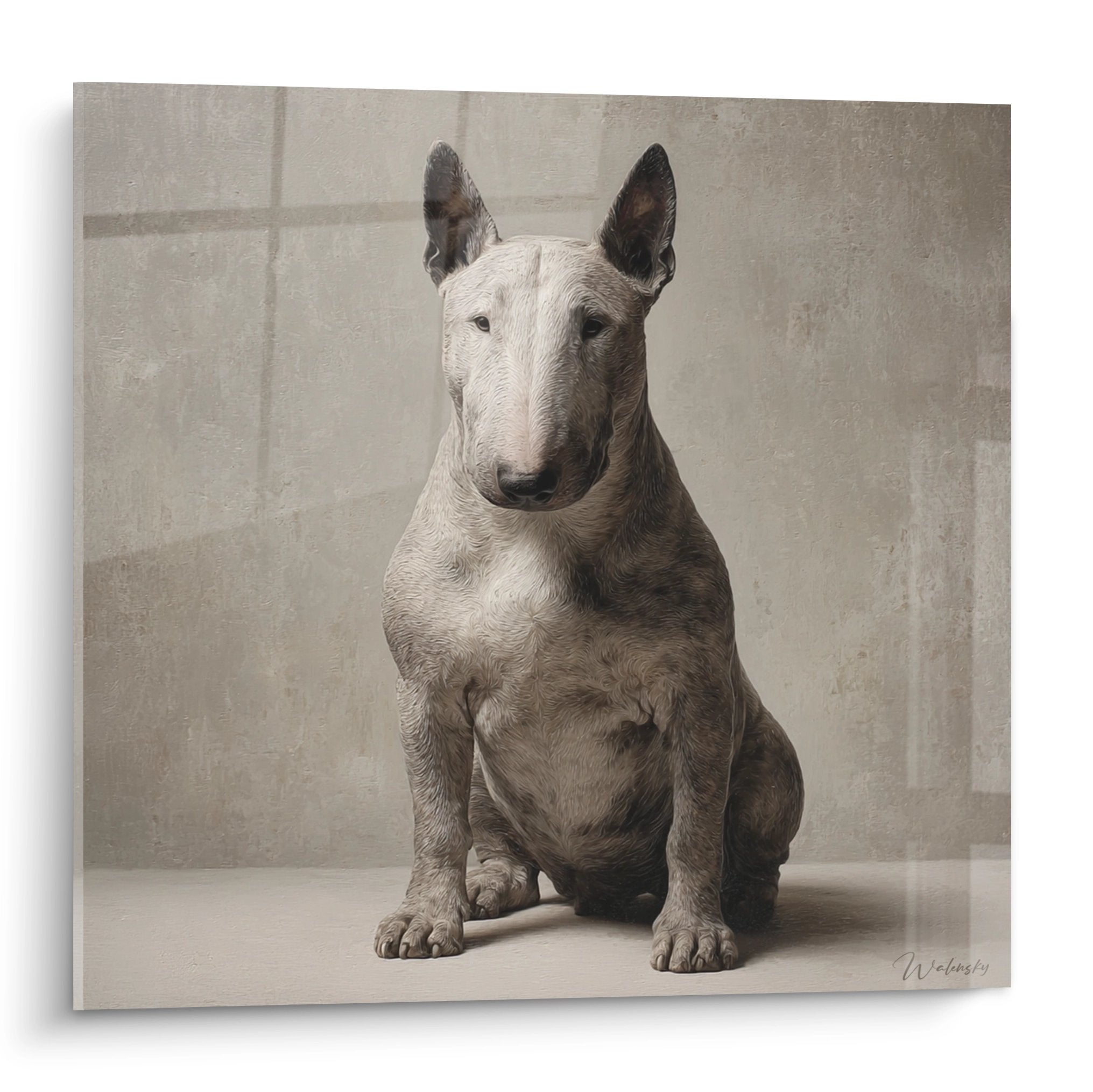Portrait artistique Bull Terrier blanc assis fond gris monochrome tableau mural élégant