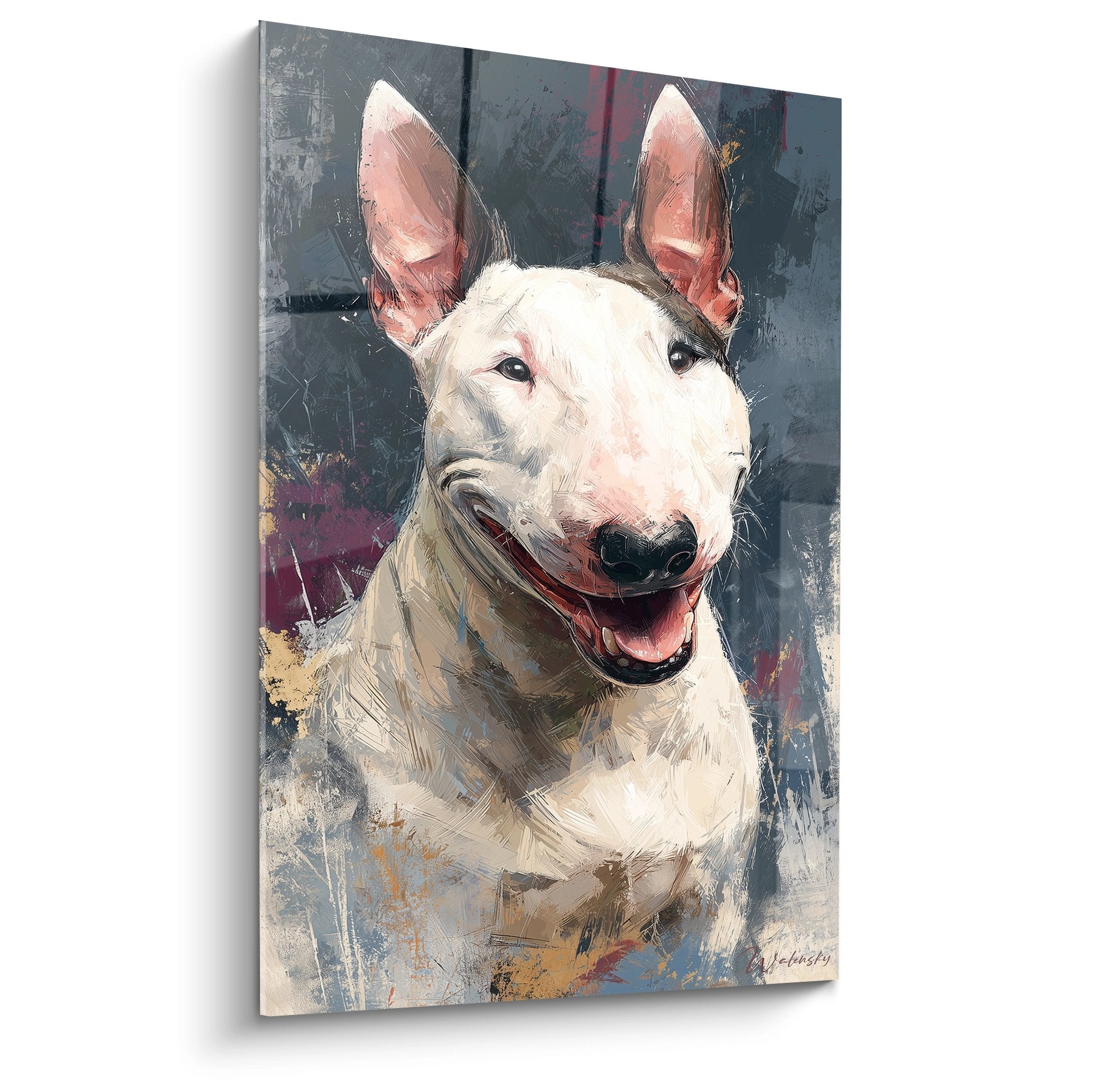 Tableau bull terrier blanc souriant oreilles roses fond abstrait gris bordeaux art canin moderne
