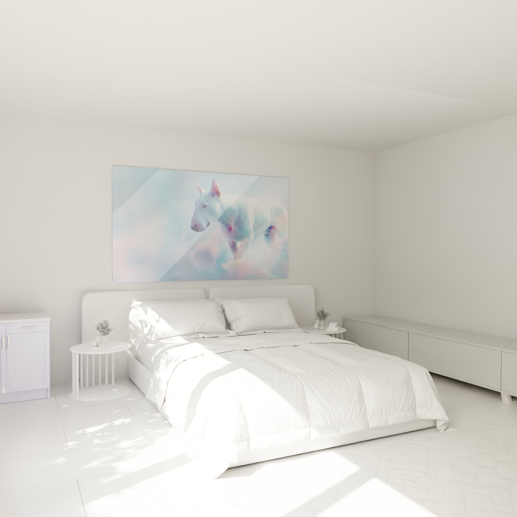 Bull Terrier Gemälde ätherisch im modernen Schlafzimmer, sanfte und beruhigende Atmosphäre