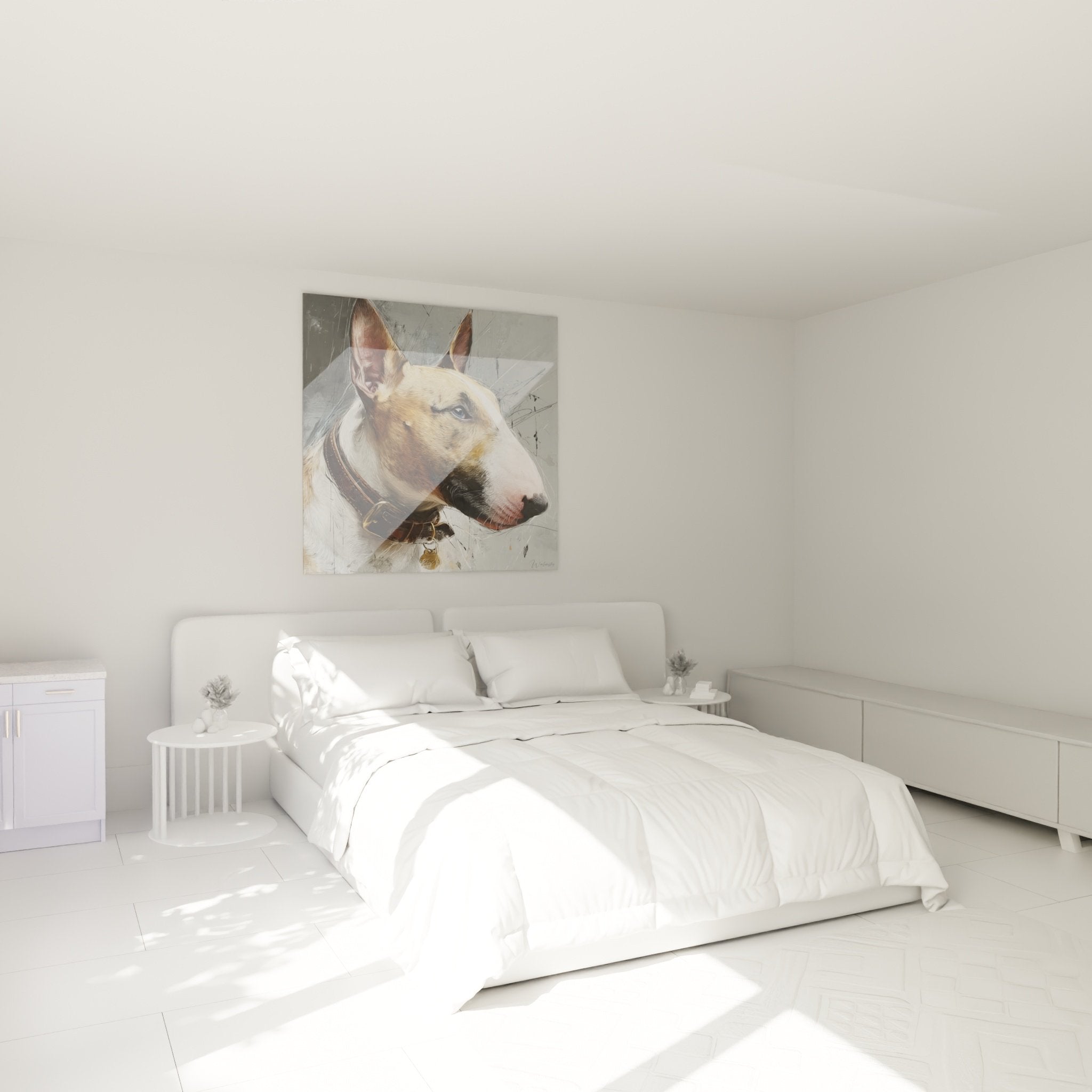 Tableau Bull Terrier yeux bleus dans chambre moderne mur blanc décoration murale élégante