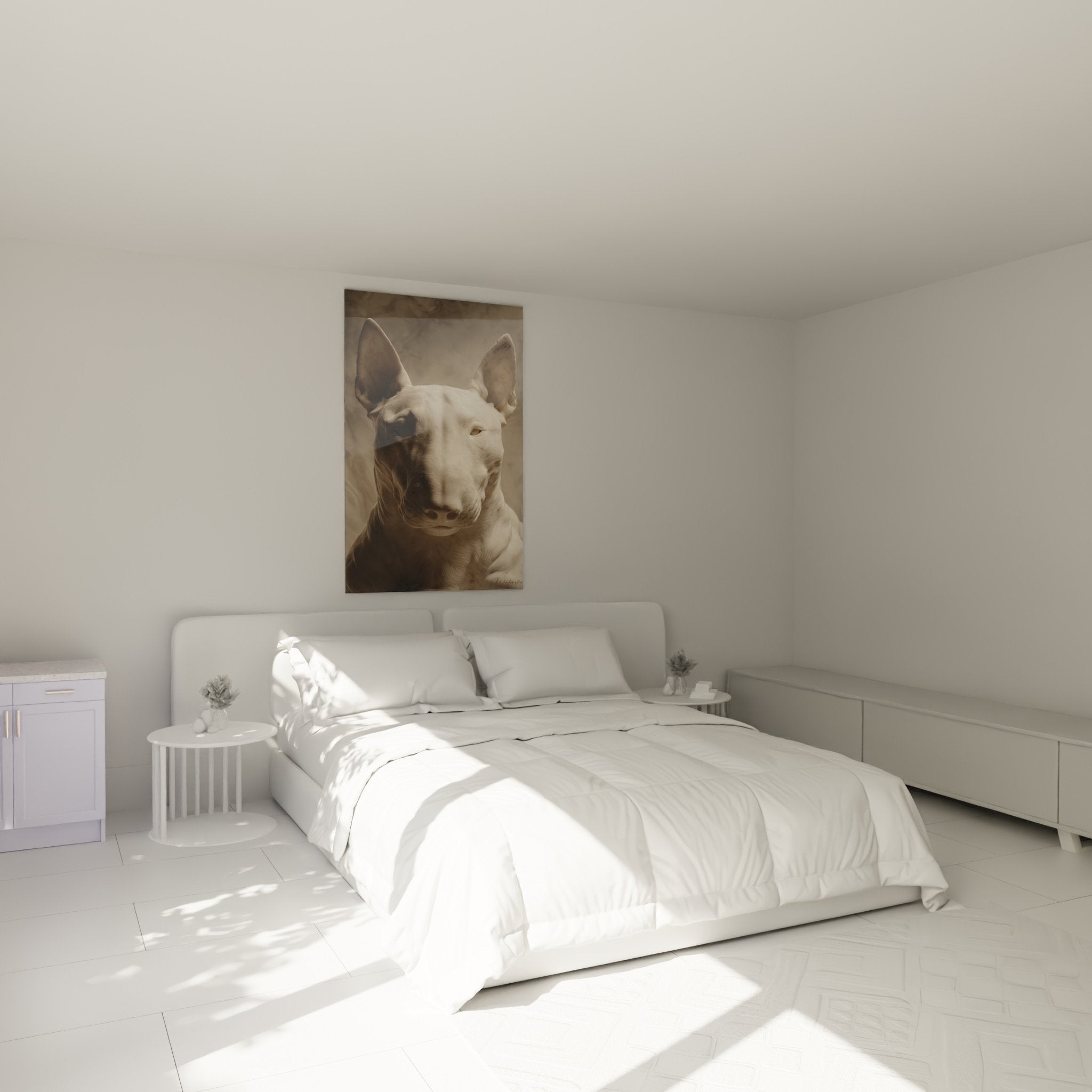 Tableau Bull Terrier blanc tons sepia accroche au-dessus lit chambre decoration murale chaleureuse