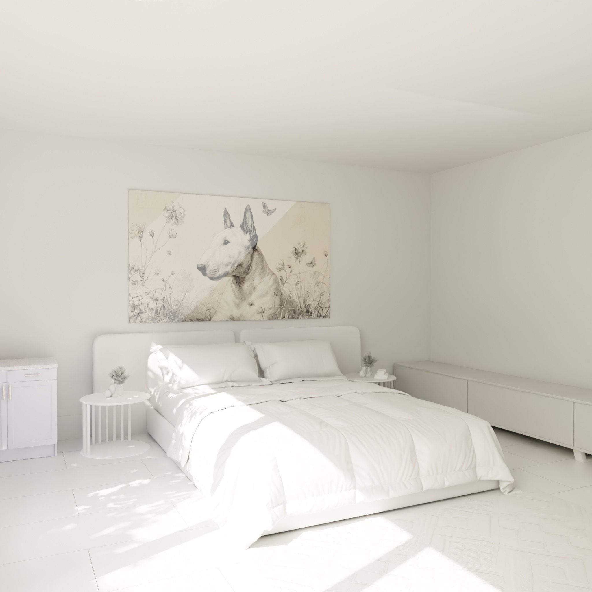 Tableau Bull Terrier champêtre déco chambre murale art animalier noir blanc nature fleurs