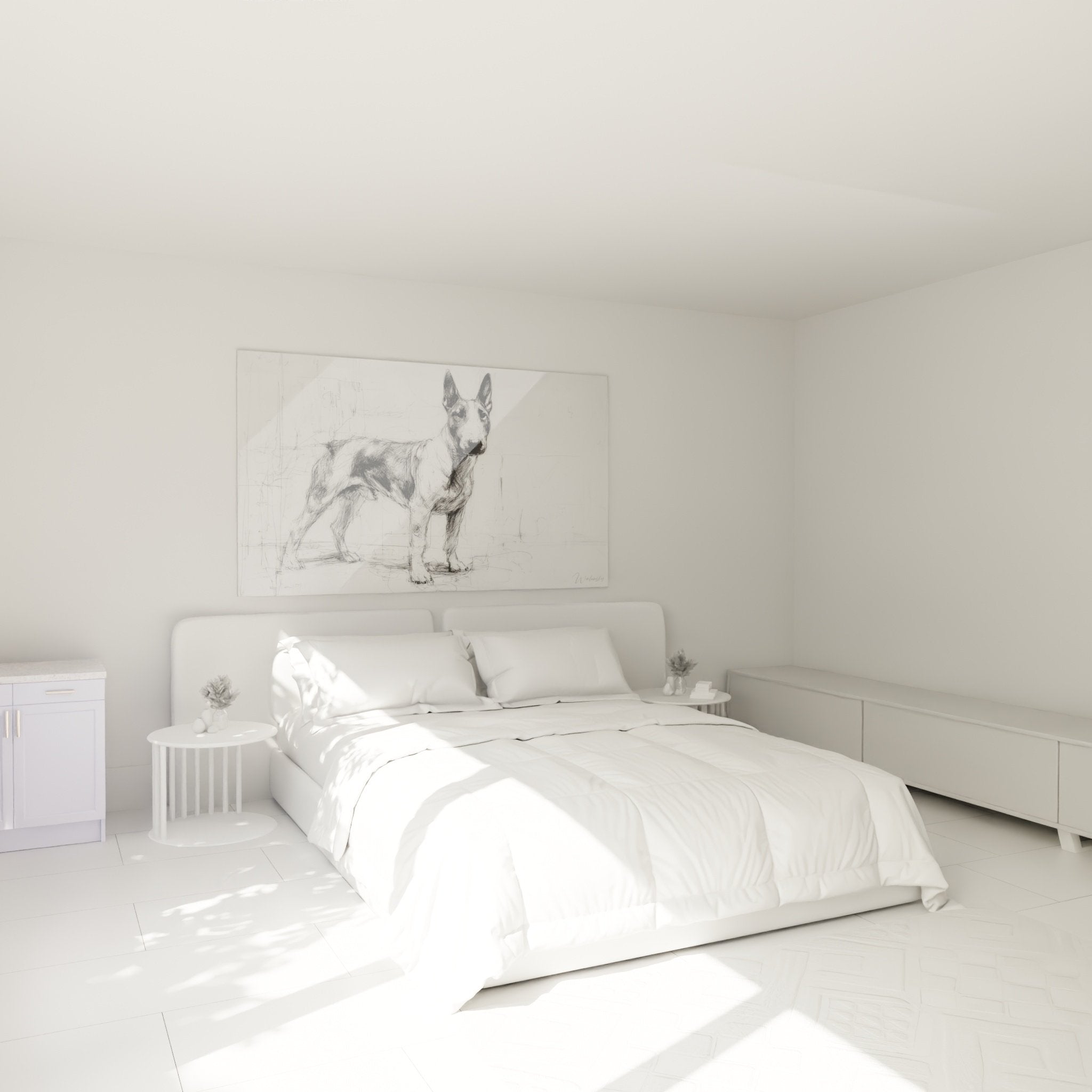 Tableau Bull Terrier esquisse crayon decoration chambre mur blanc ambiance moderne