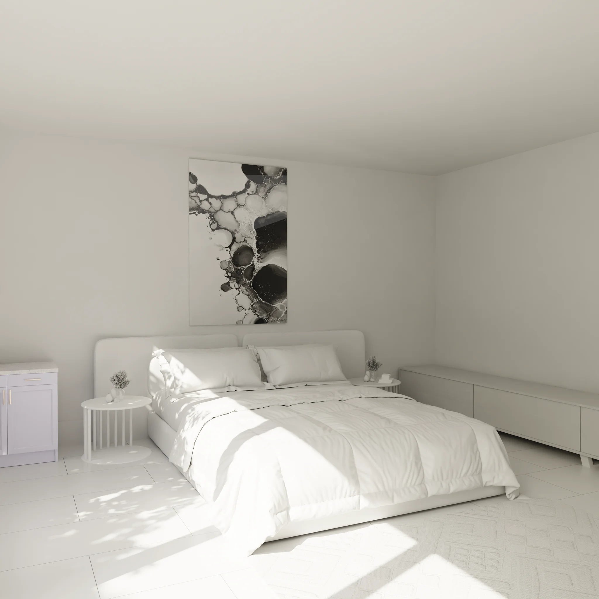 Tableau noir et blanc abstrait avec bulles dans une chambre moderne, décoration murale élégante