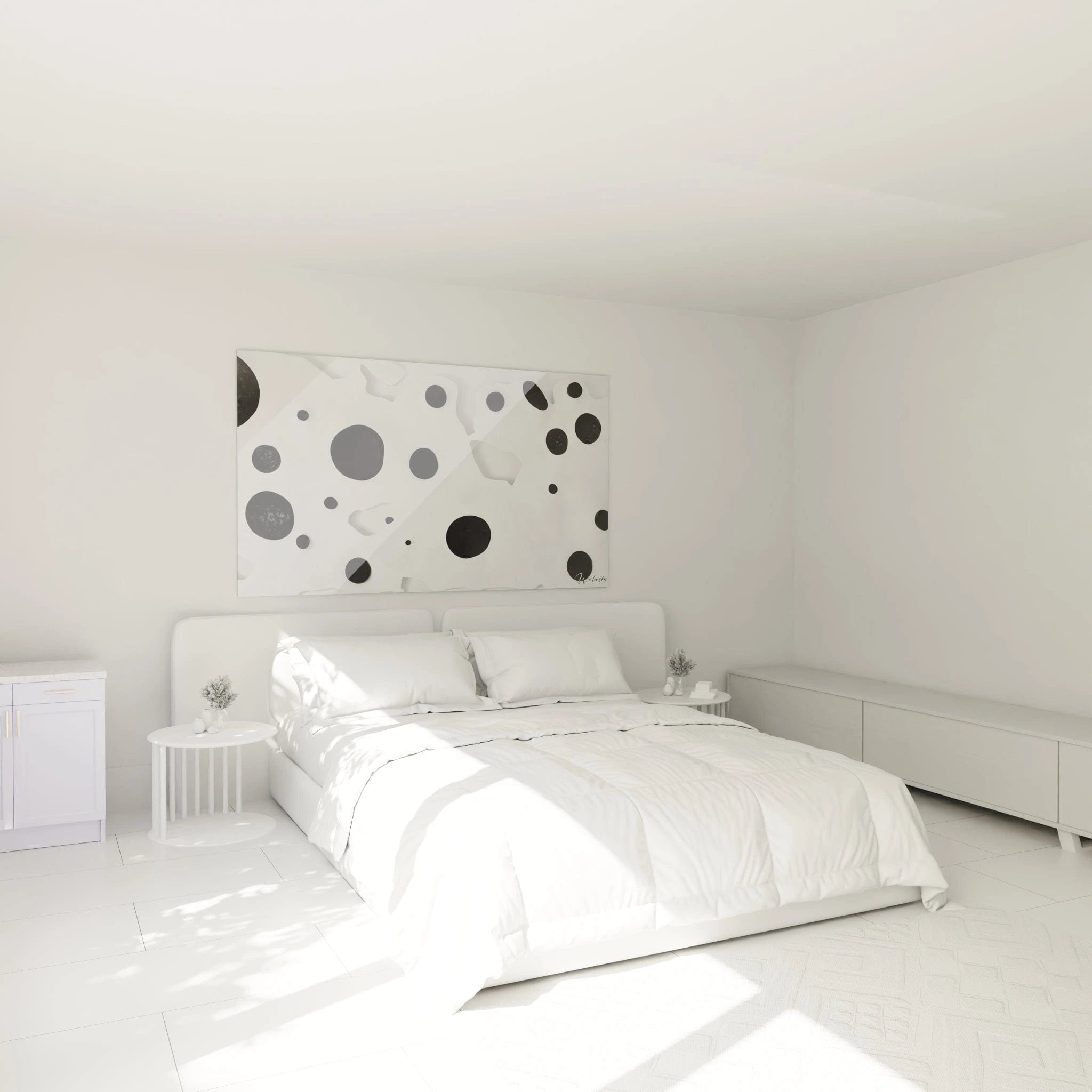 Black and white speckled Walensky wall art for modern interior design in a minimalist bedroom