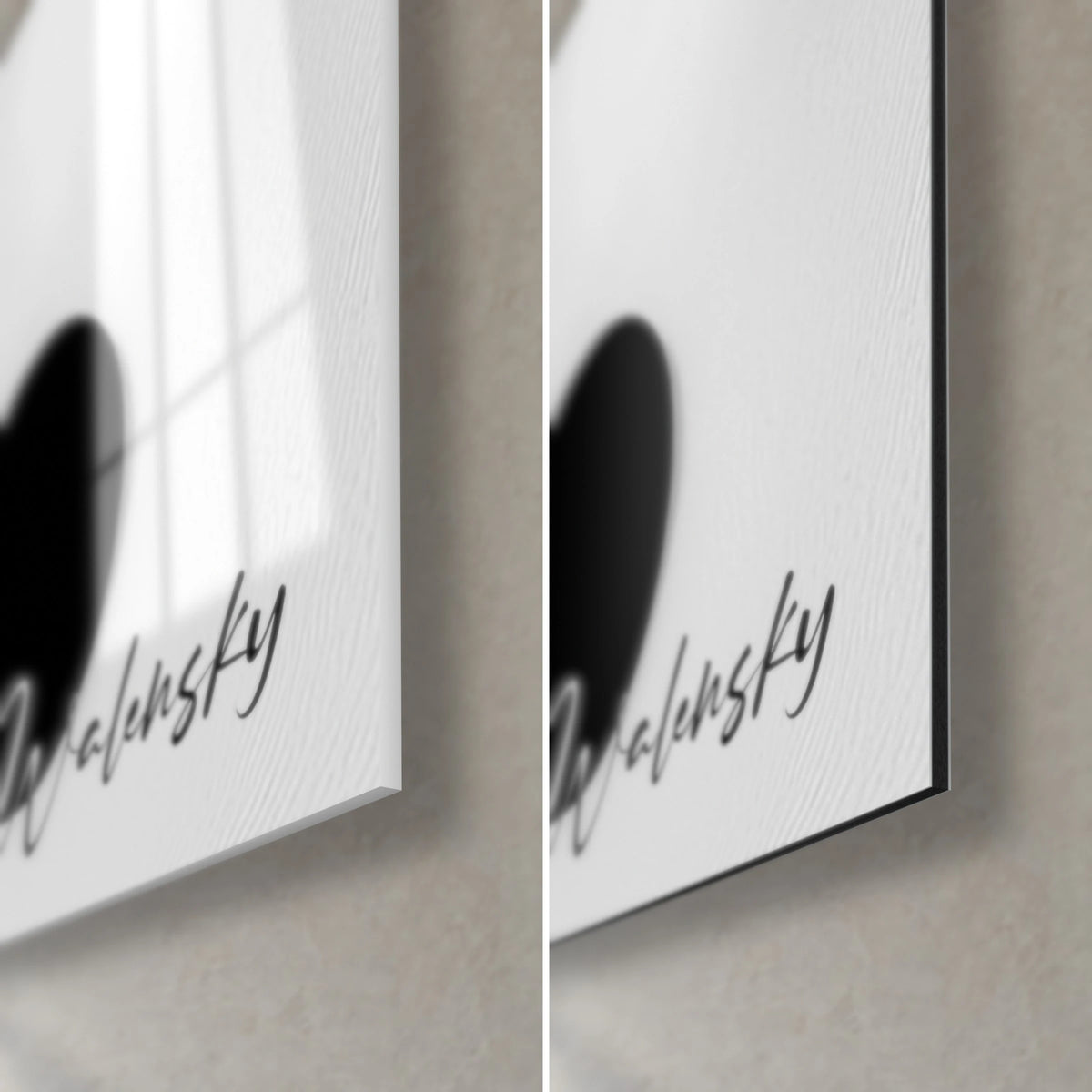 Wall art with black bubbles on grainy white, bottom right corner: glossy acrylic glass on the left, matte Dibond on the right, thin edge, signature