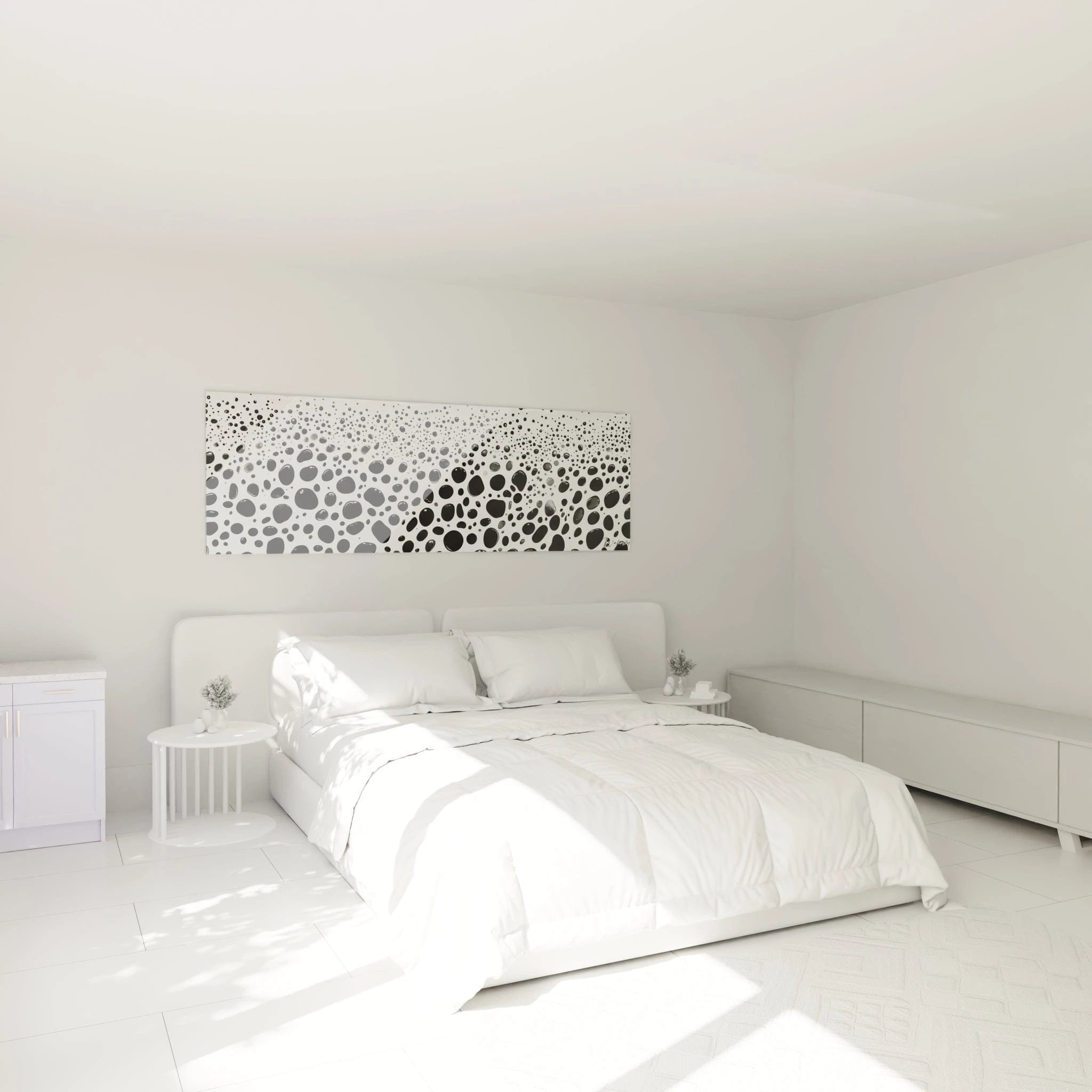 Tableau tacheté noir et blanc de Walensky pour un décor moderne et minimaliste dans une chambre lumineuse