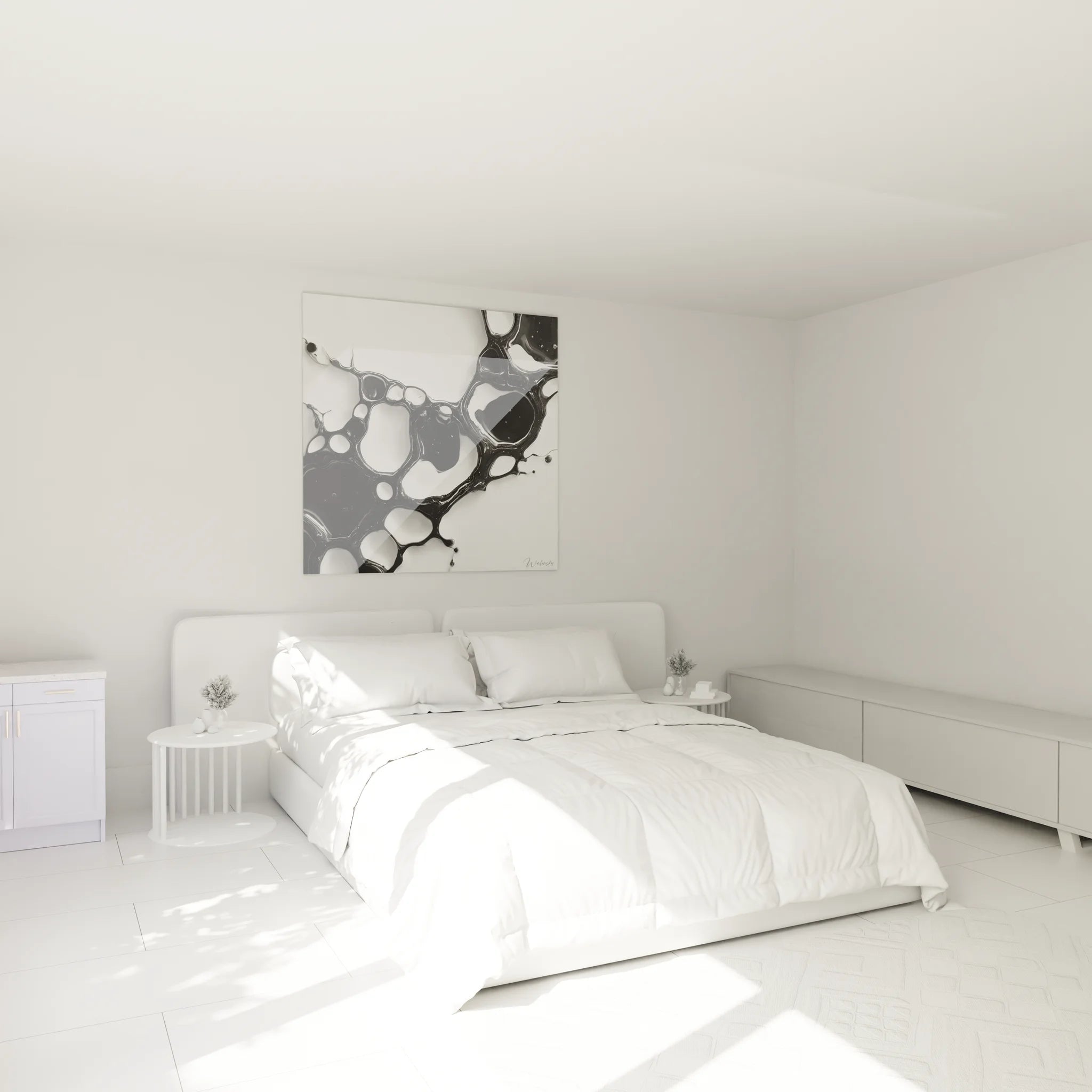 Tableau bulles abstraites noires dans chambre moderne - Décoration murale contemporaine