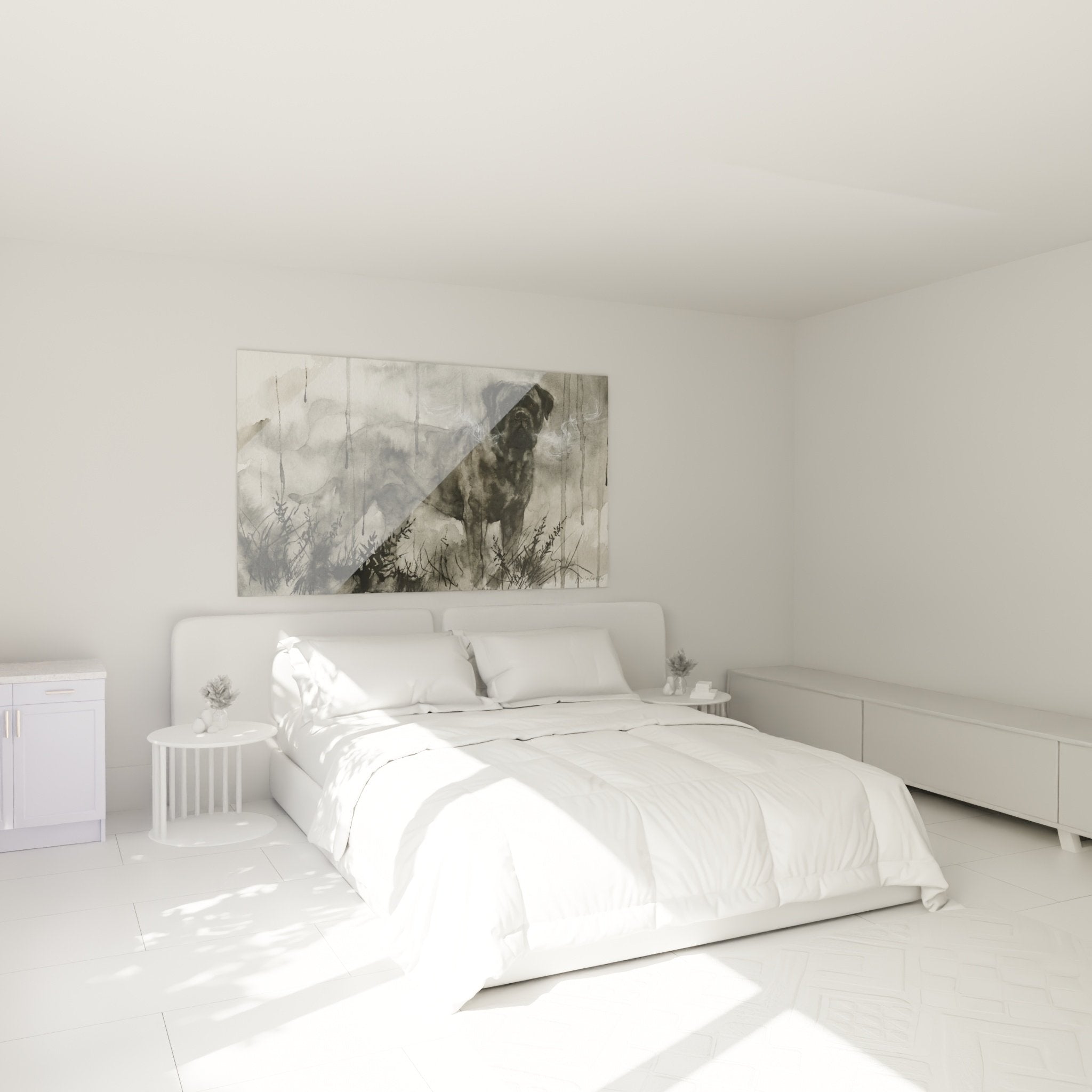 Tableau aquarelle chien Bullmastiff pluie grise decoration murale chambre ambiance apaisante monochrome