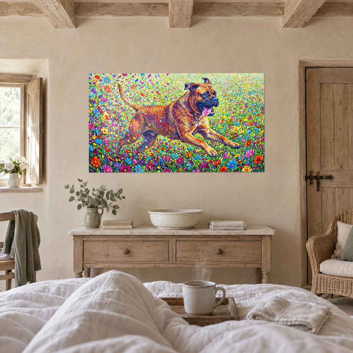 Gemälde springender Mastiff im Gras, übersät mit rosa und roten Blütenblättern, weiches Licht, über einem Bett in einem hellen Schlafzimmer