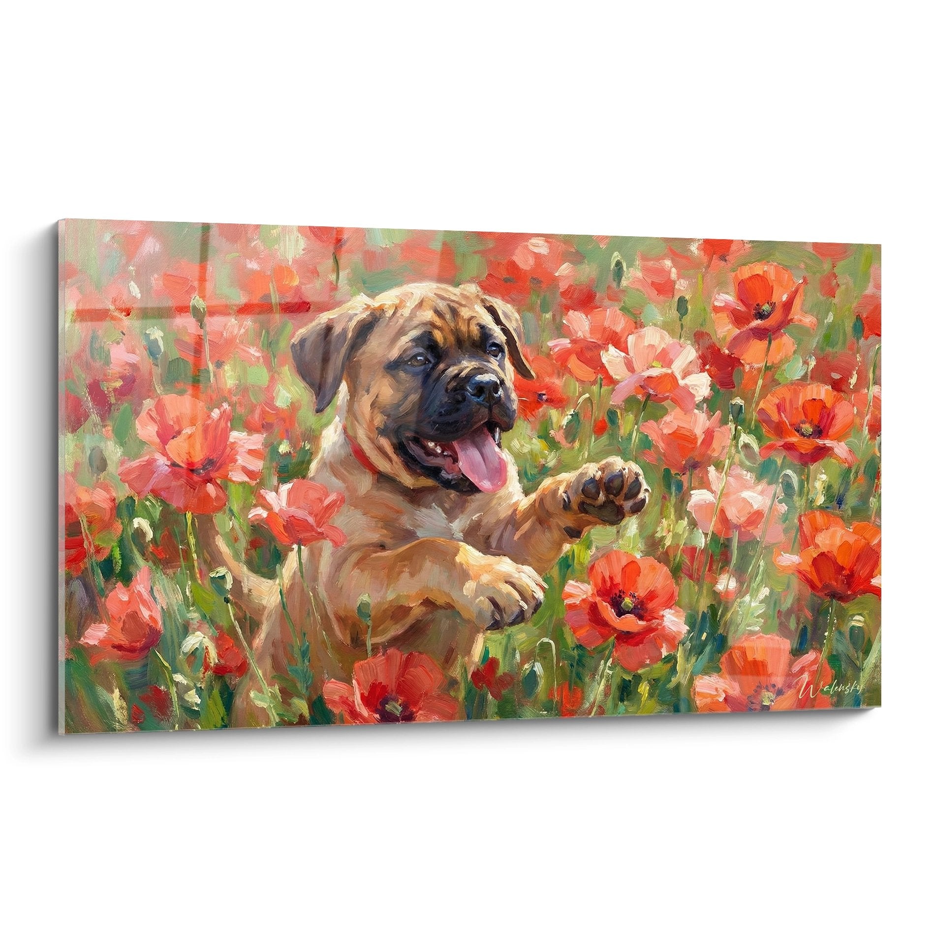 Tableau d'un Bullmastiff heureux langue tirée au milieu de coquelicots rouges dans un style impressionniste