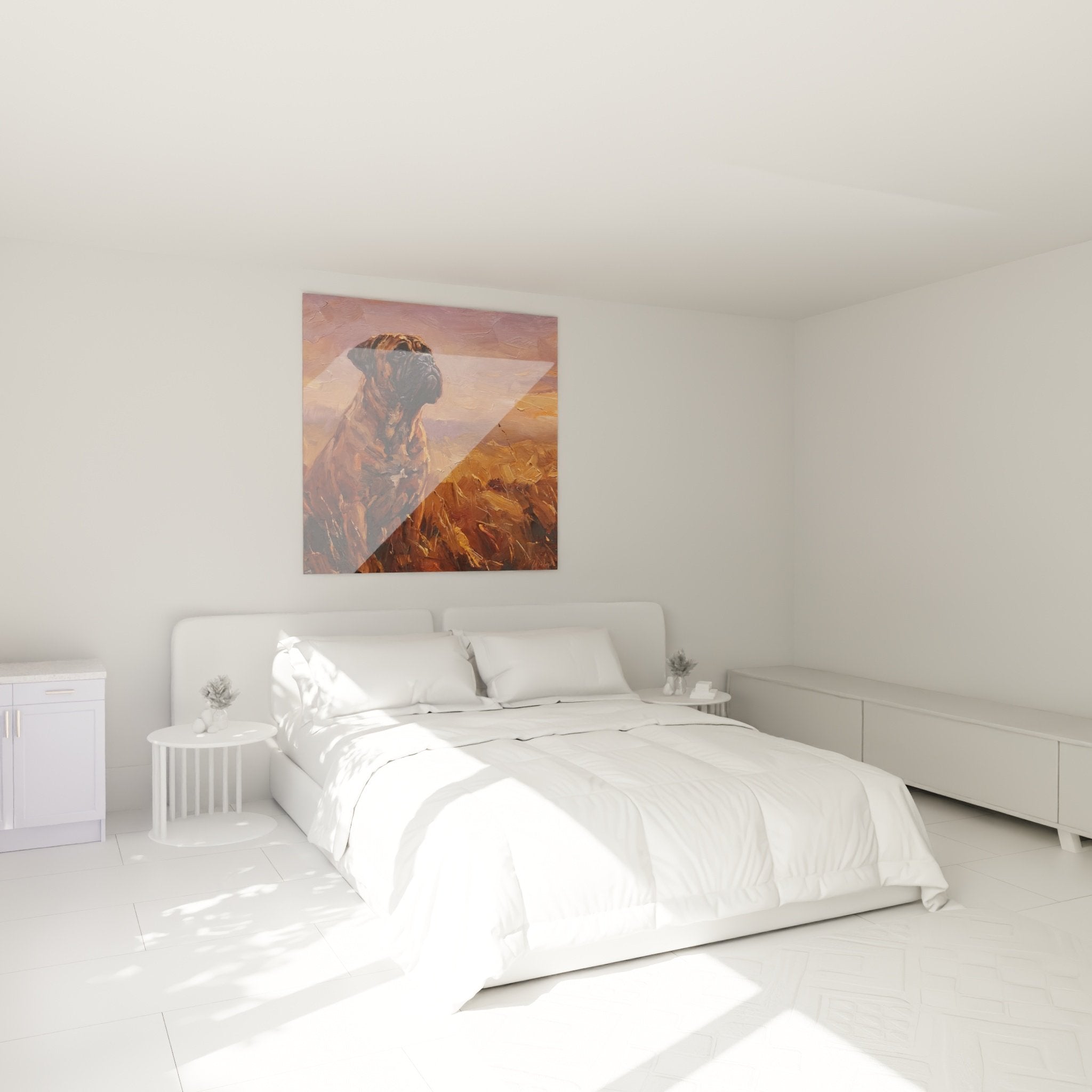 Tableau Bullmastiff noble champ dore accroche au dessus lit chambre decoration murale chaleureuse