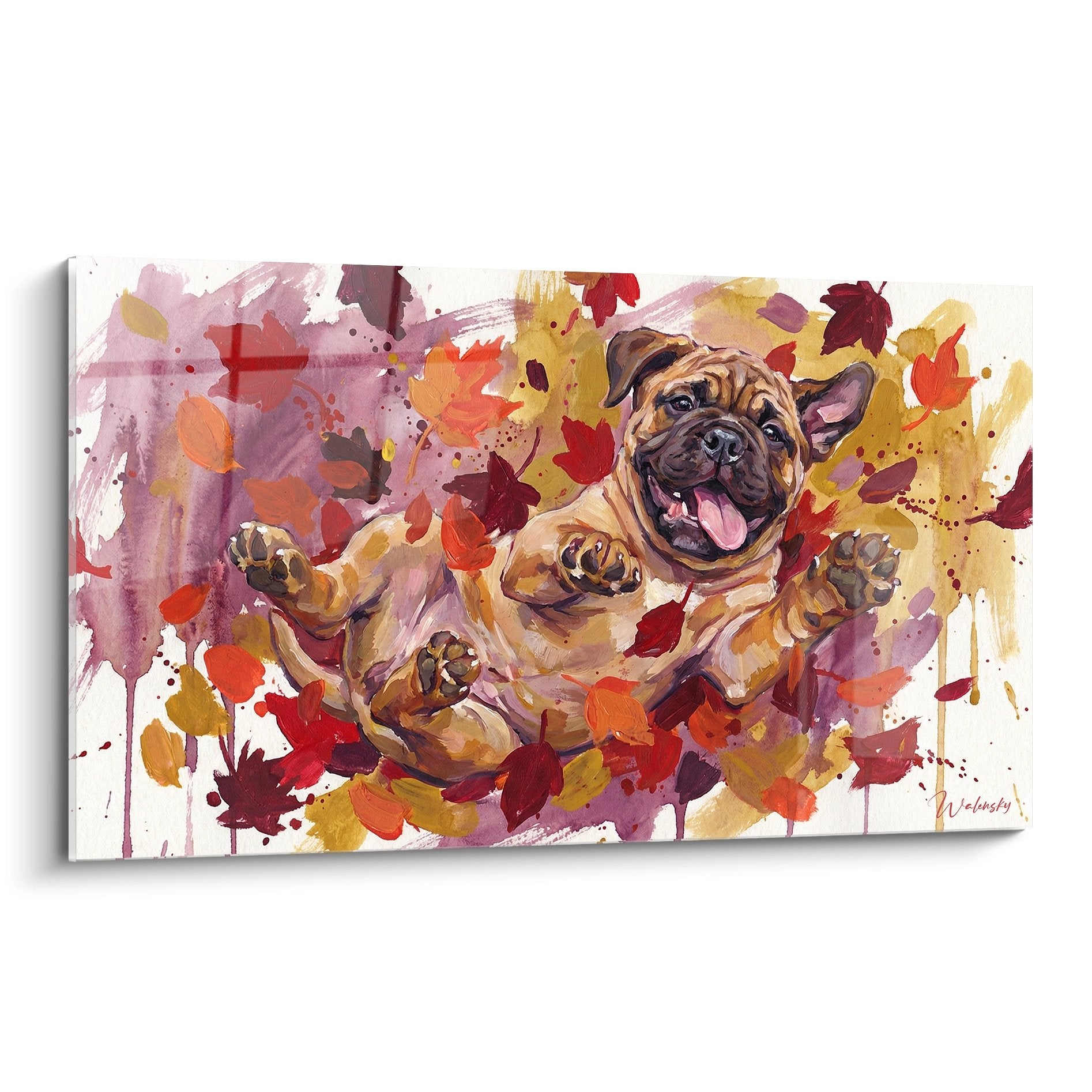 Tableau moderne Bullmastiff joyeux langue pendante sur fond éclaboussé couleurs automnales roses oranges