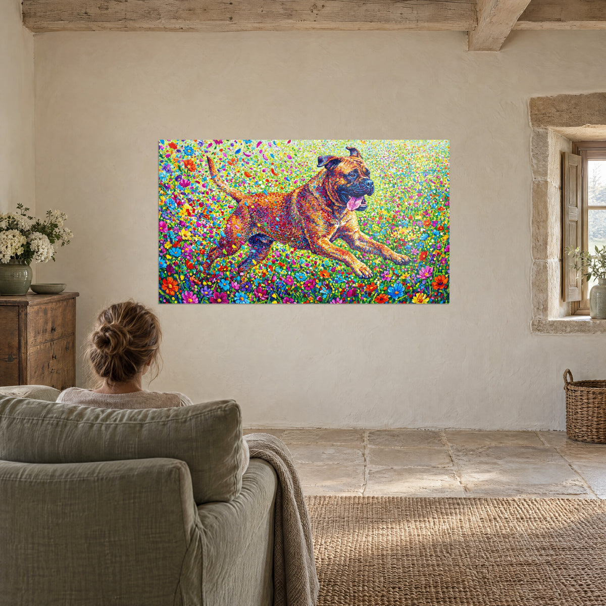 Gemälde Bullmastiff mit ausgestreckten Pfoten, lebhafter grüner und rosa Pointillismus, mehrfarbige Blumen, Steinwohnzimmer, Person von hinten sitzend