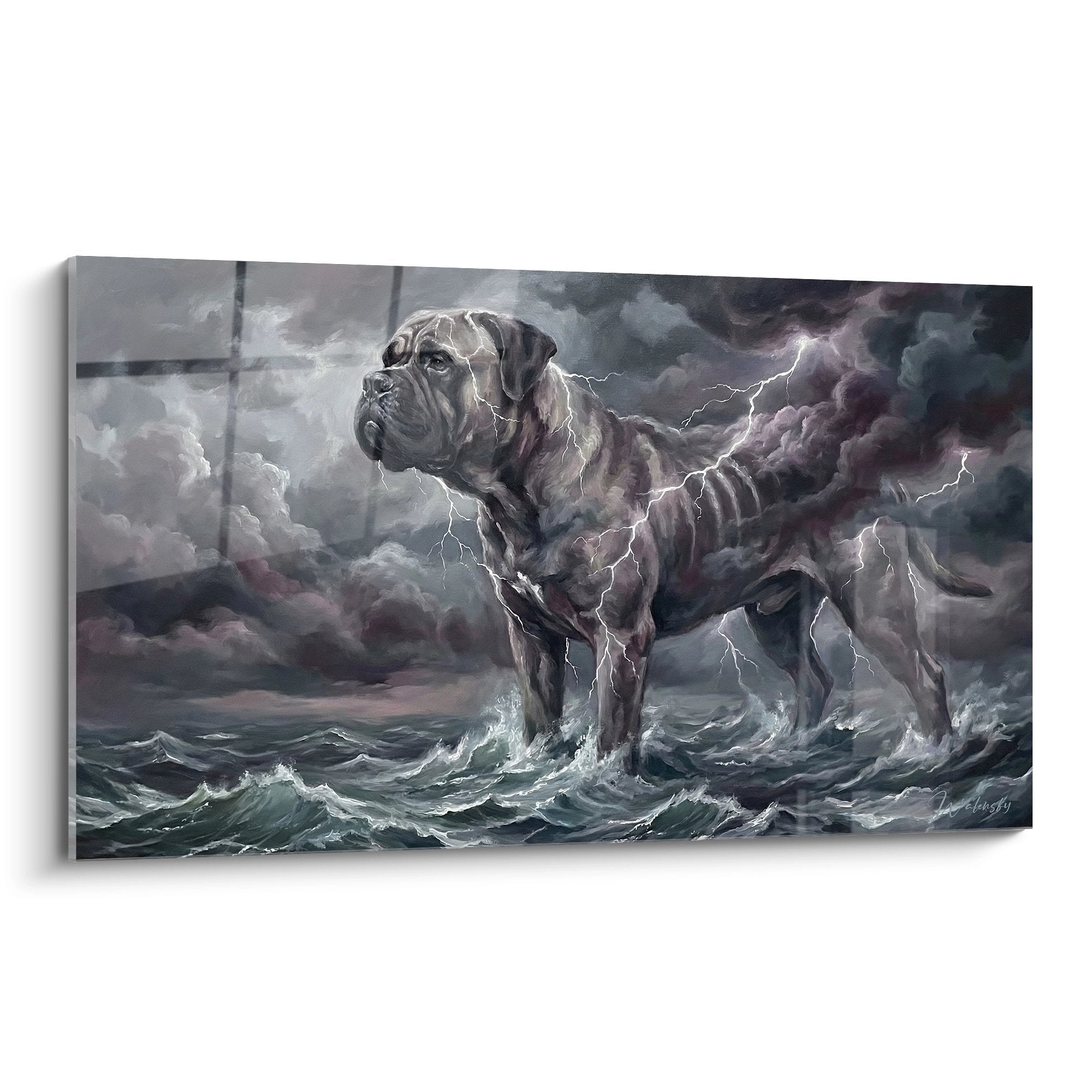 Tableau artistique Bullmastiff géant sur océan orageux avec éclairs violets et vagues écumantes tempête mystique