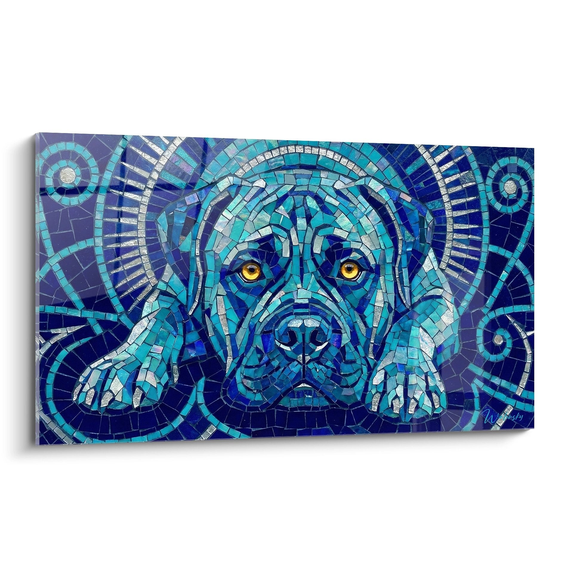 Portrait artistique de Bullmastiff en mosaique bleue turquoise avec yeux dores et motifs geometriques circulaires