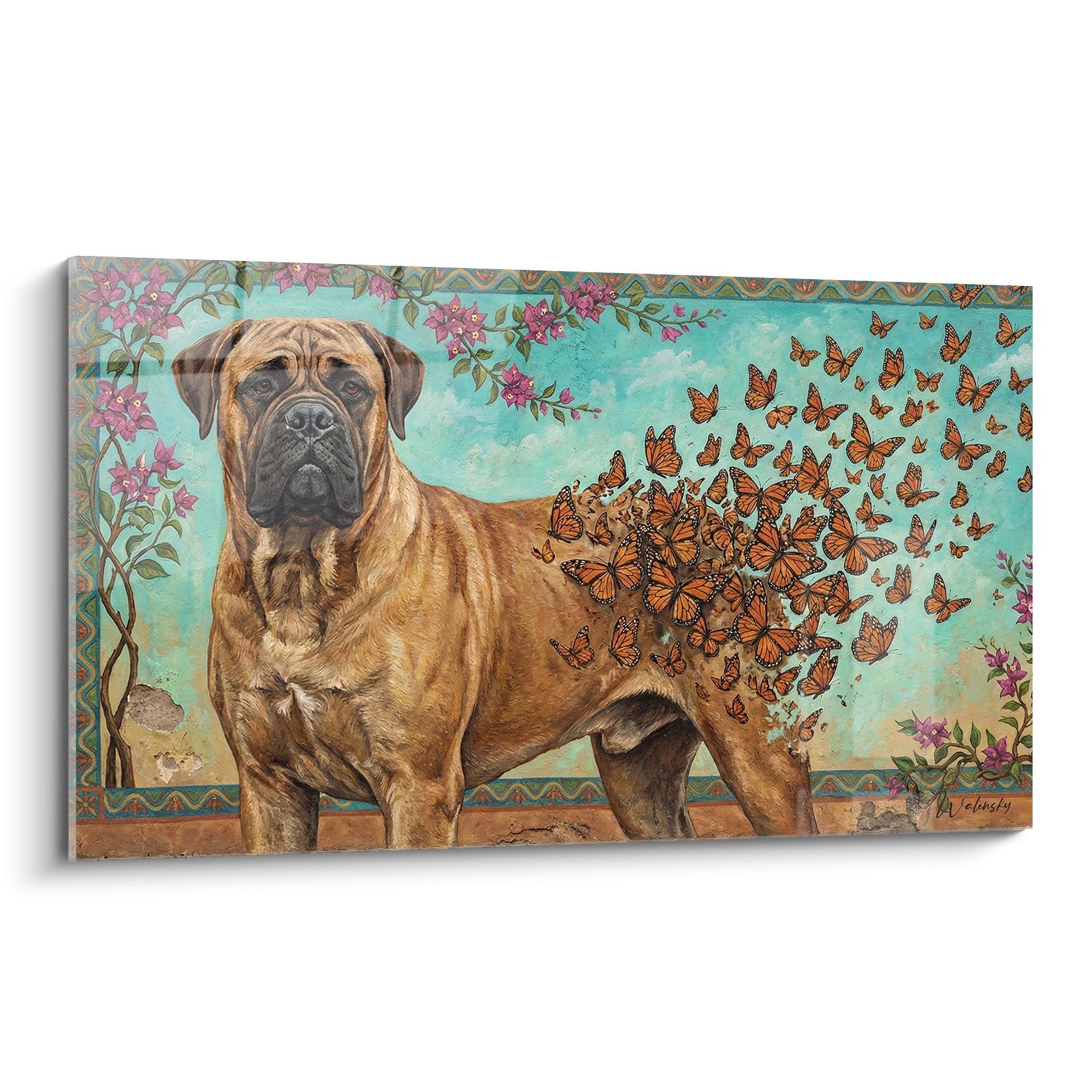 Tableau bullmastiff fauve avec papillons oranges et fleurs violettes sur fond turquoise art decoratif