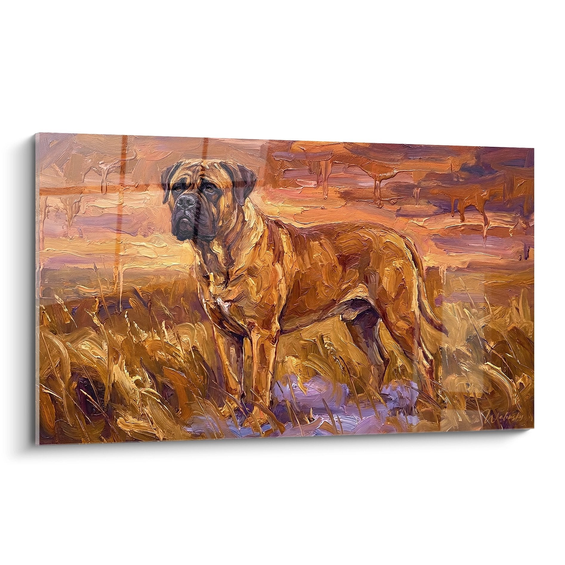 Tableau bullmastiff fauve dans prairie dorée, peinture à l'huile aux tons automnaux chauds et reflets violets