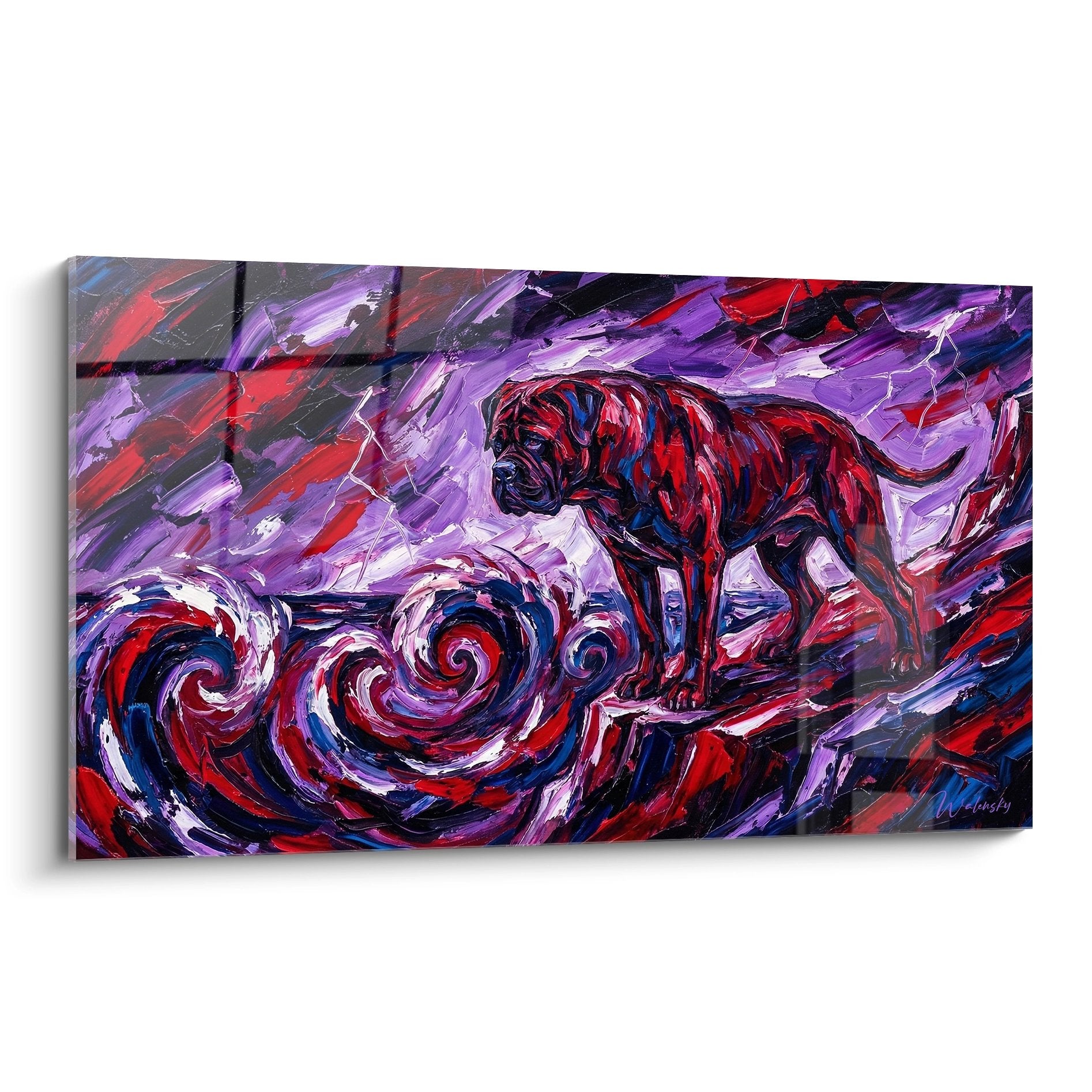 Tableau expressionniste Bullmastiff rouge violet dans tourbillons cosmiques peinture contemporaine