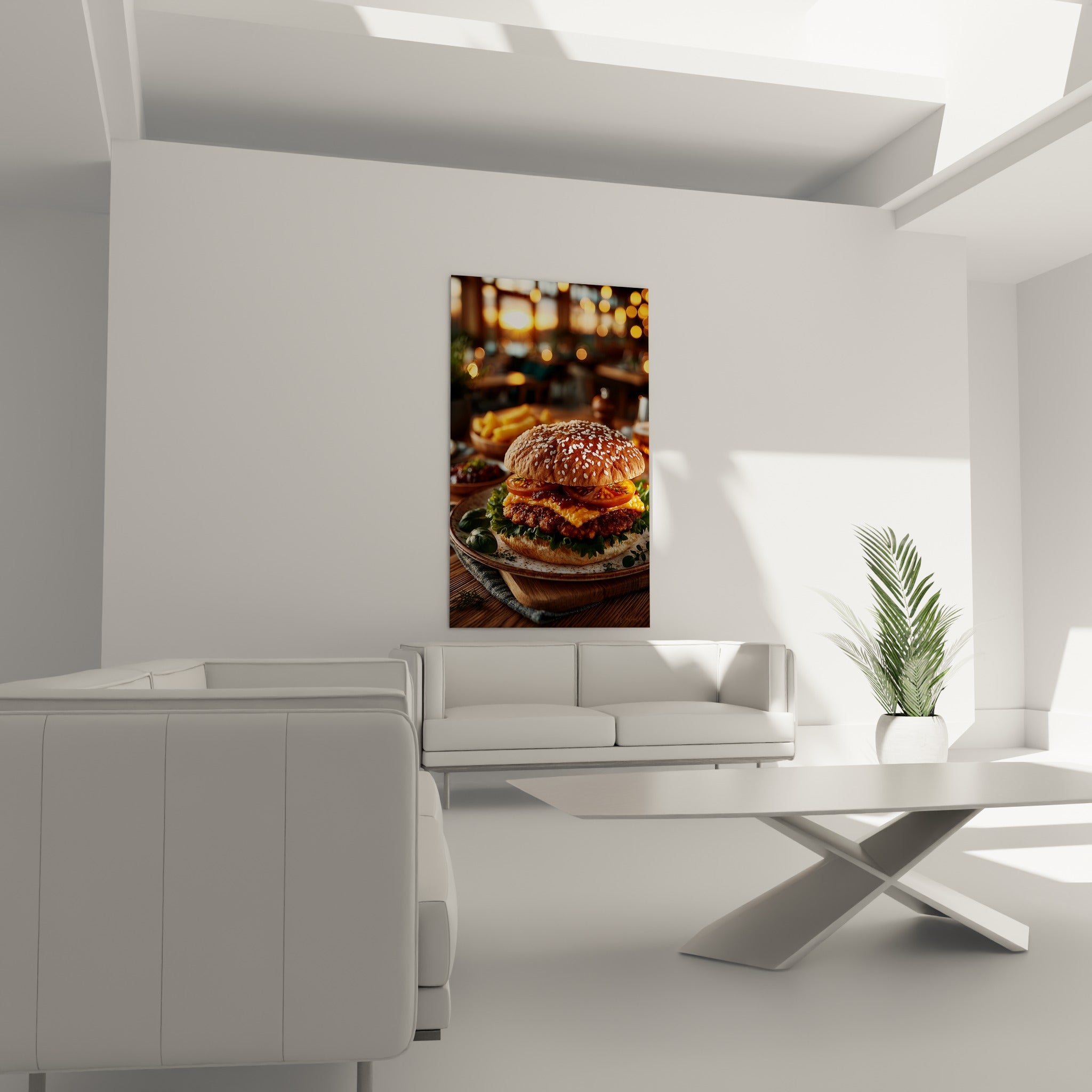 Burger généreux aux tons dorés et rouges, fromage fondu, accroché au-dessus d'un canapé dans un salon lumineux