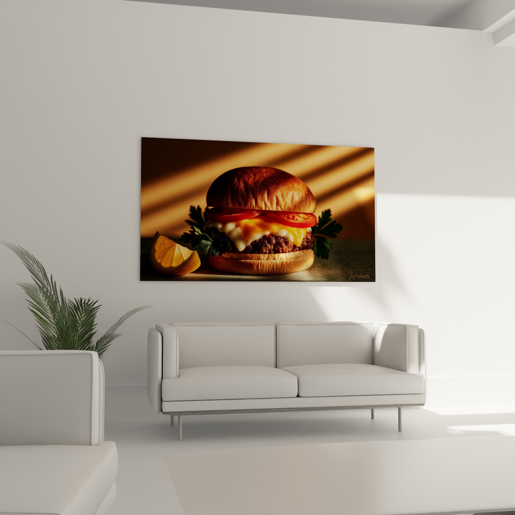 Burger ambré et rouge tomate baigné de lumière chaude, au-dessus d'un canapé dans un salon lumineux