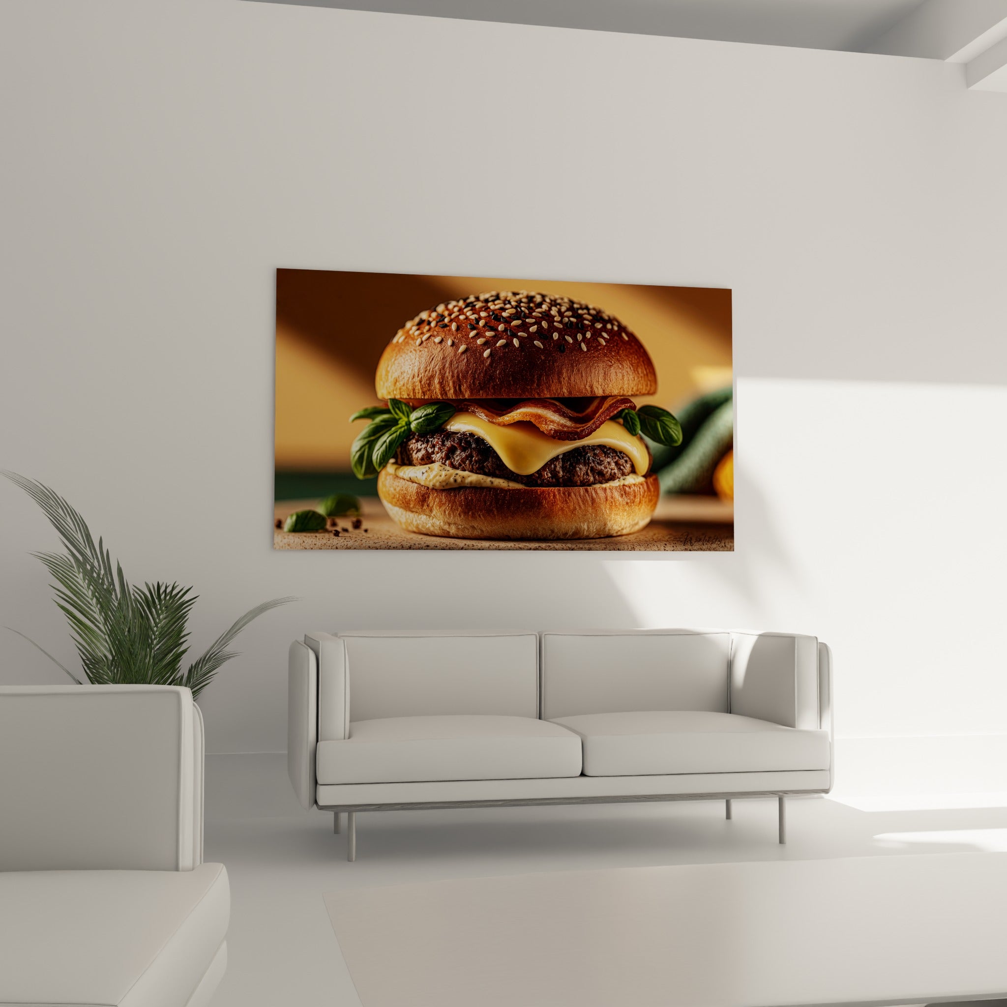 Burger fondant aux nuances ambrées et vertes, accroché au-dessus d'un canapé dans un salon lumineux