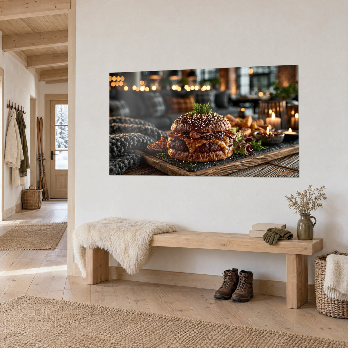 Quadro hamburger gourmet con cheddar fuso e carne rosolata, toni ambra e marrone, sopra una panca in legno chiaro