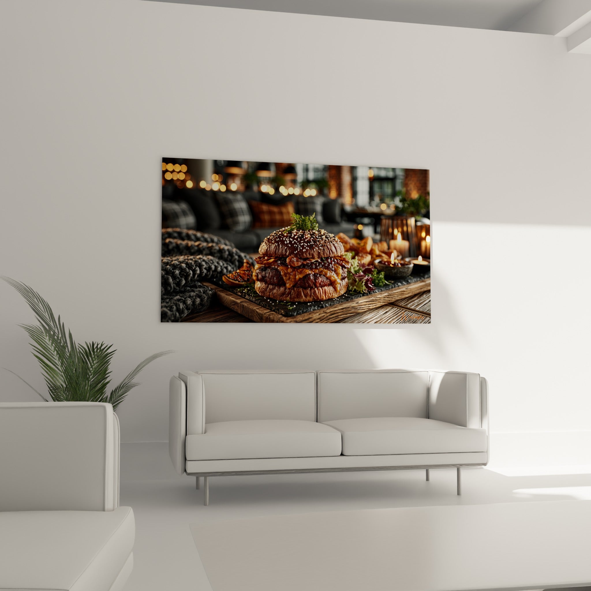 Saveurs caramel et sésame doré d'un burger accrochées au-dessus d'un canapé dans un salon lumineux