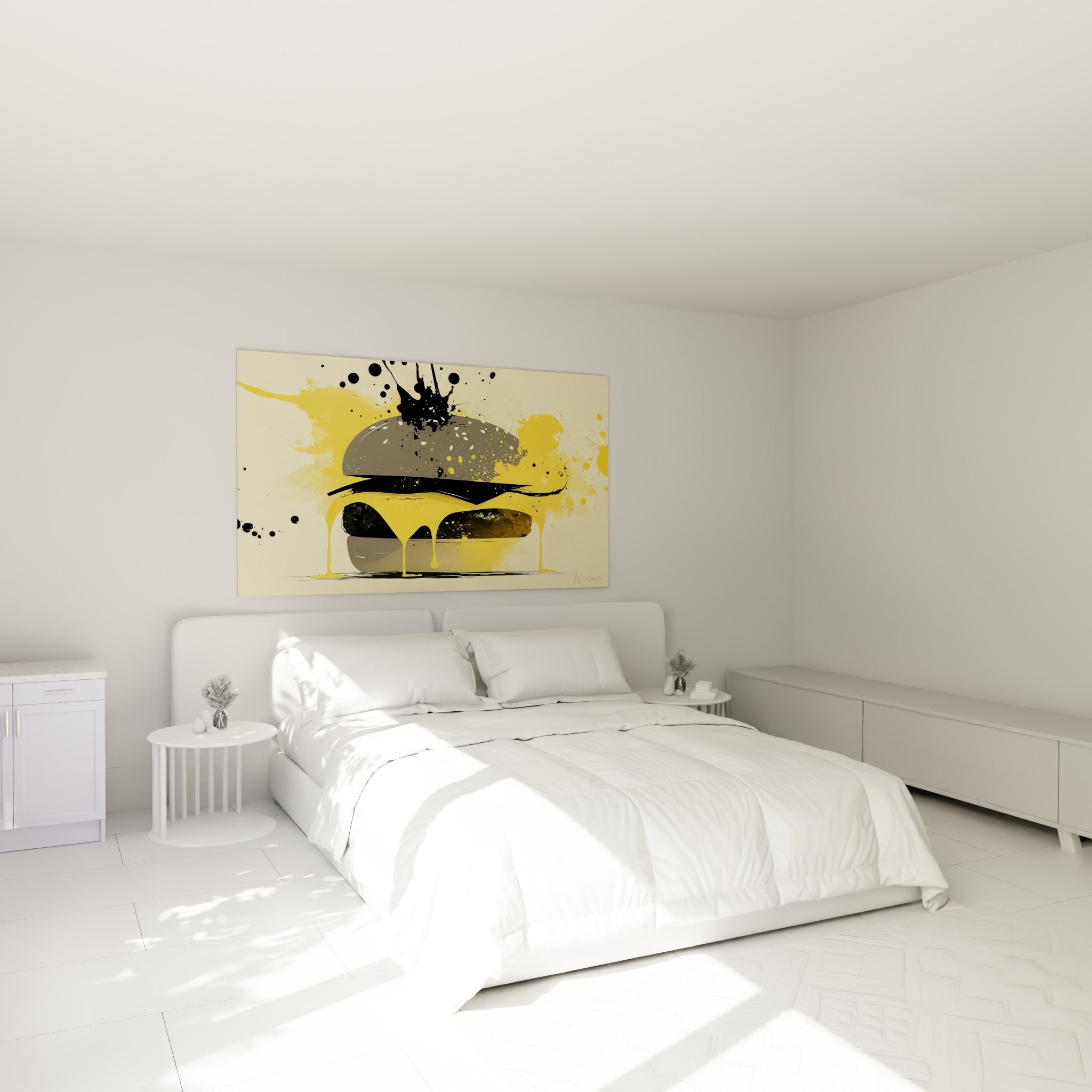 Composition burger jaune et noir aux coulures dorées, au-dessus d'un lit dans une chambre claire