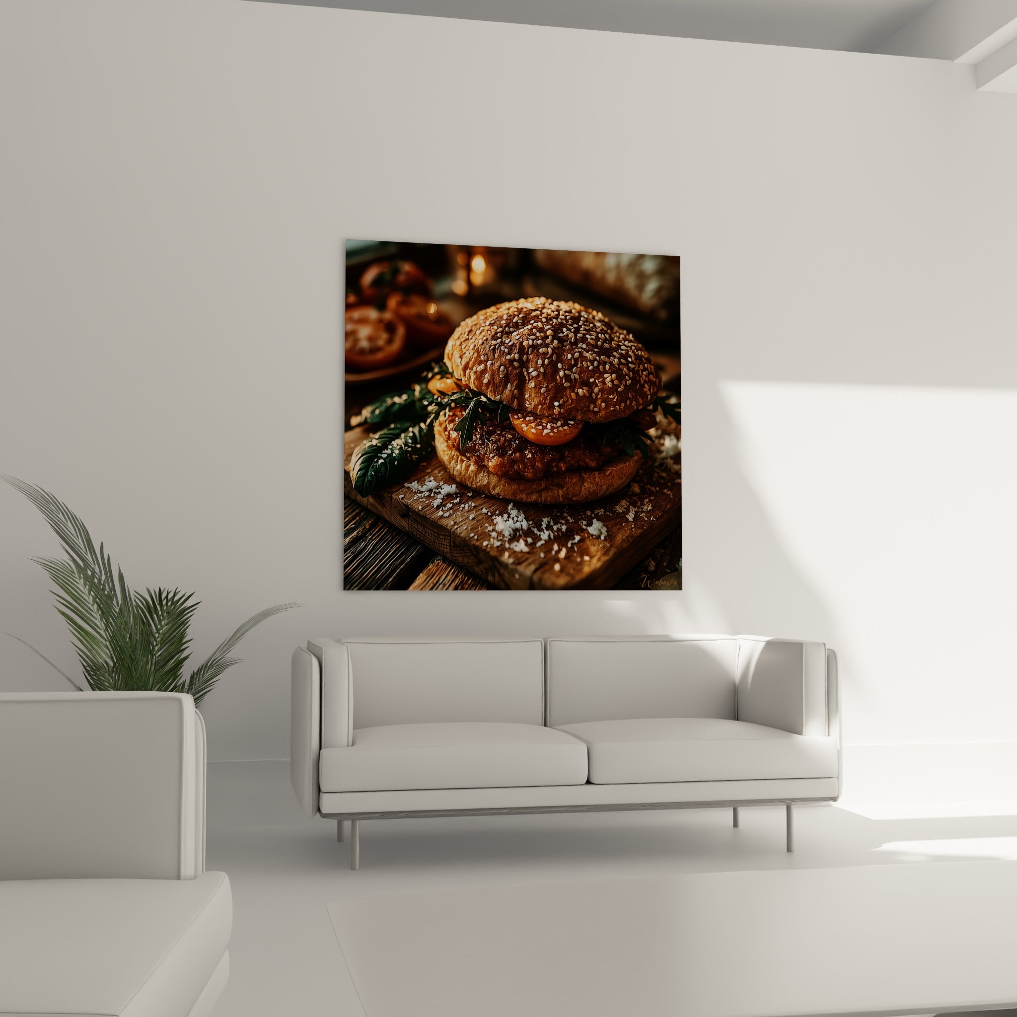 Sandwich gourmand aux teintes dorées et anthracite disposé au-dessus d'un canapé dans un salon lumineux