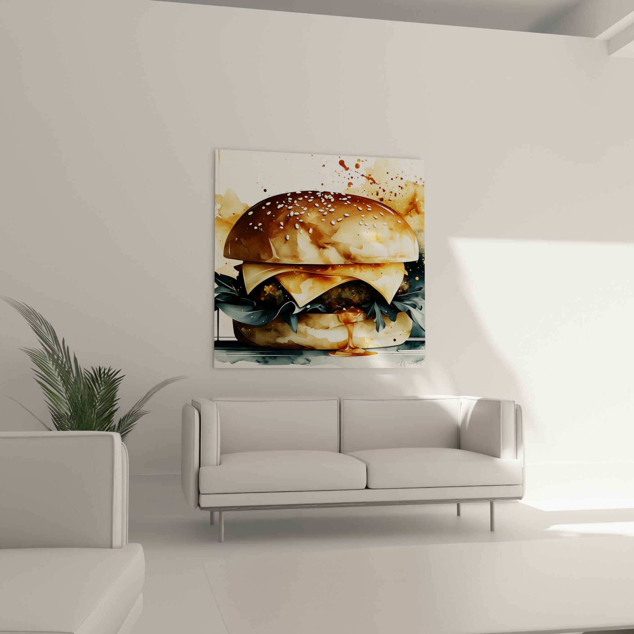 Sauce dorée coulant d'un burger anthracite et ambré, positionné au-dessus d'un canapé dans un salon lumineux