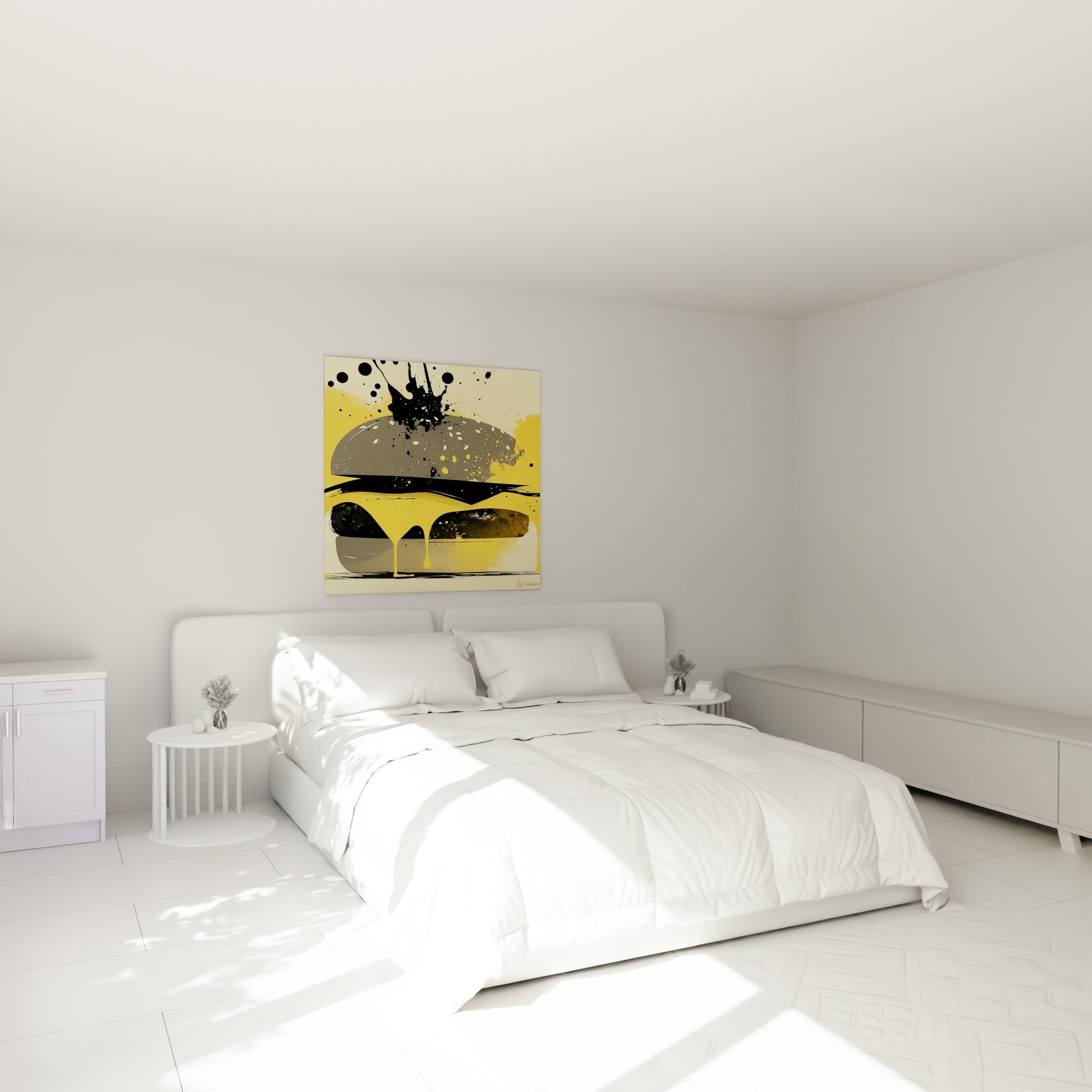 Cheeseburger graphique jaune et noir aux coulures de fromage, accroché au-dessus d'un lit dans une chambre claire