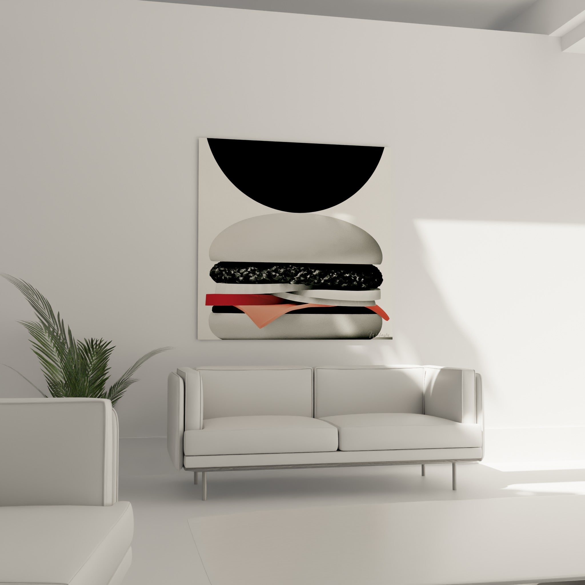 Hamburger sculptural anthracite et corail, formes géométriques épurées, au-dessus d'un canapé dans un salon lumineux