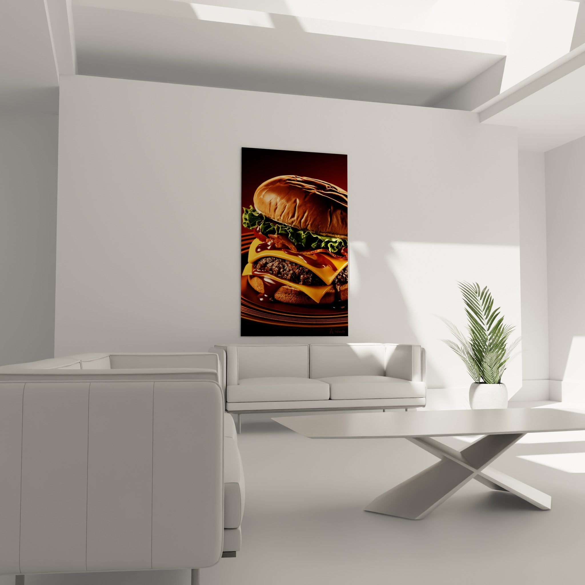Sandwich géant aux teintes ocre et anthracite, présenté au-dessus d'un canapé dans un salon lumineux