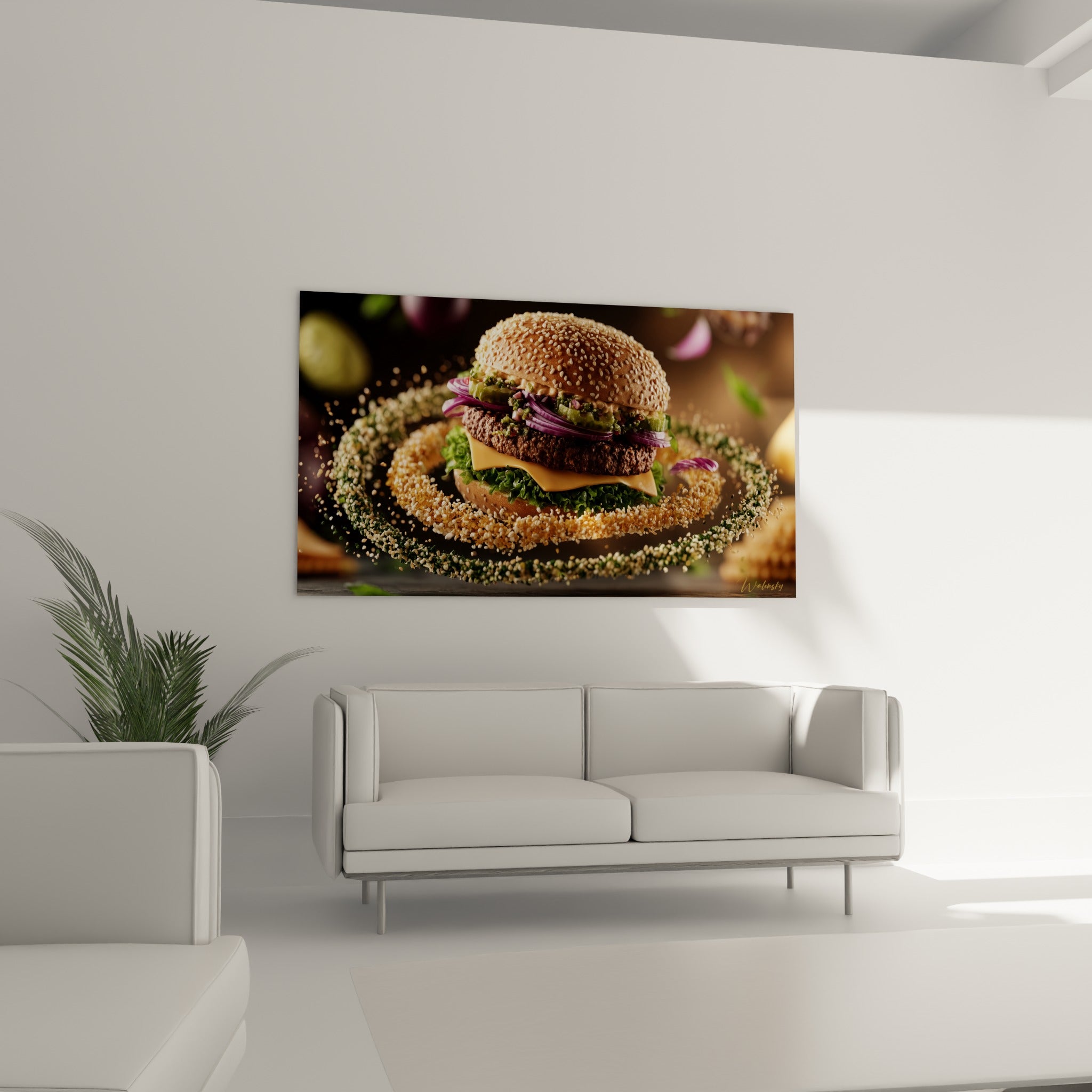 Composition culinaire brune et dorée avec oignons violets au-dessus d'un canapé dans un salon lumineux
