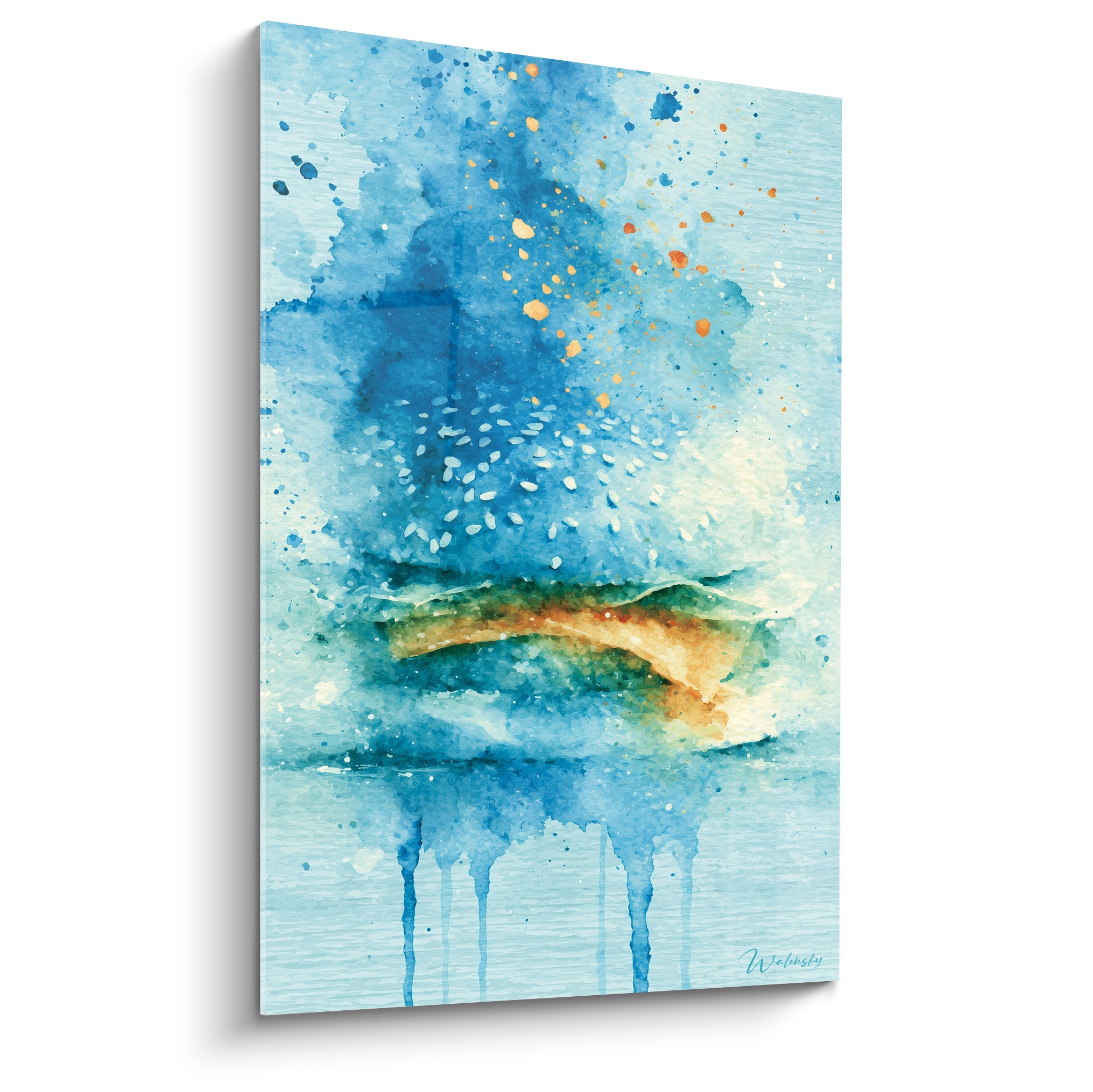 Burger éclaté en aquarelle bleu marine et ocre, éclaboussures dorées, coulures verticales caractéristiques