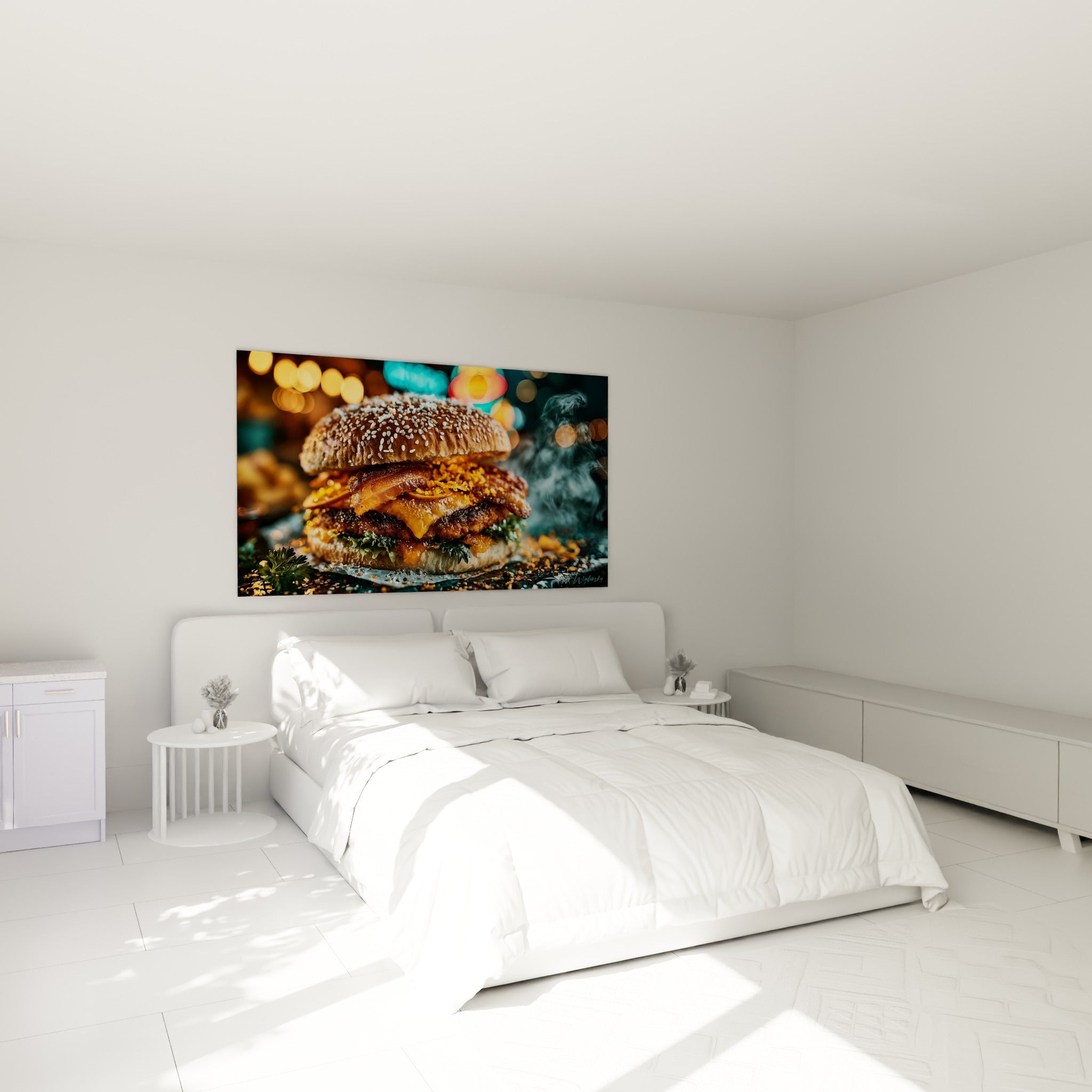 Burger fumant aux tons dorés et anthracite, accroché au-dessus d'un lit dans une chambre claire